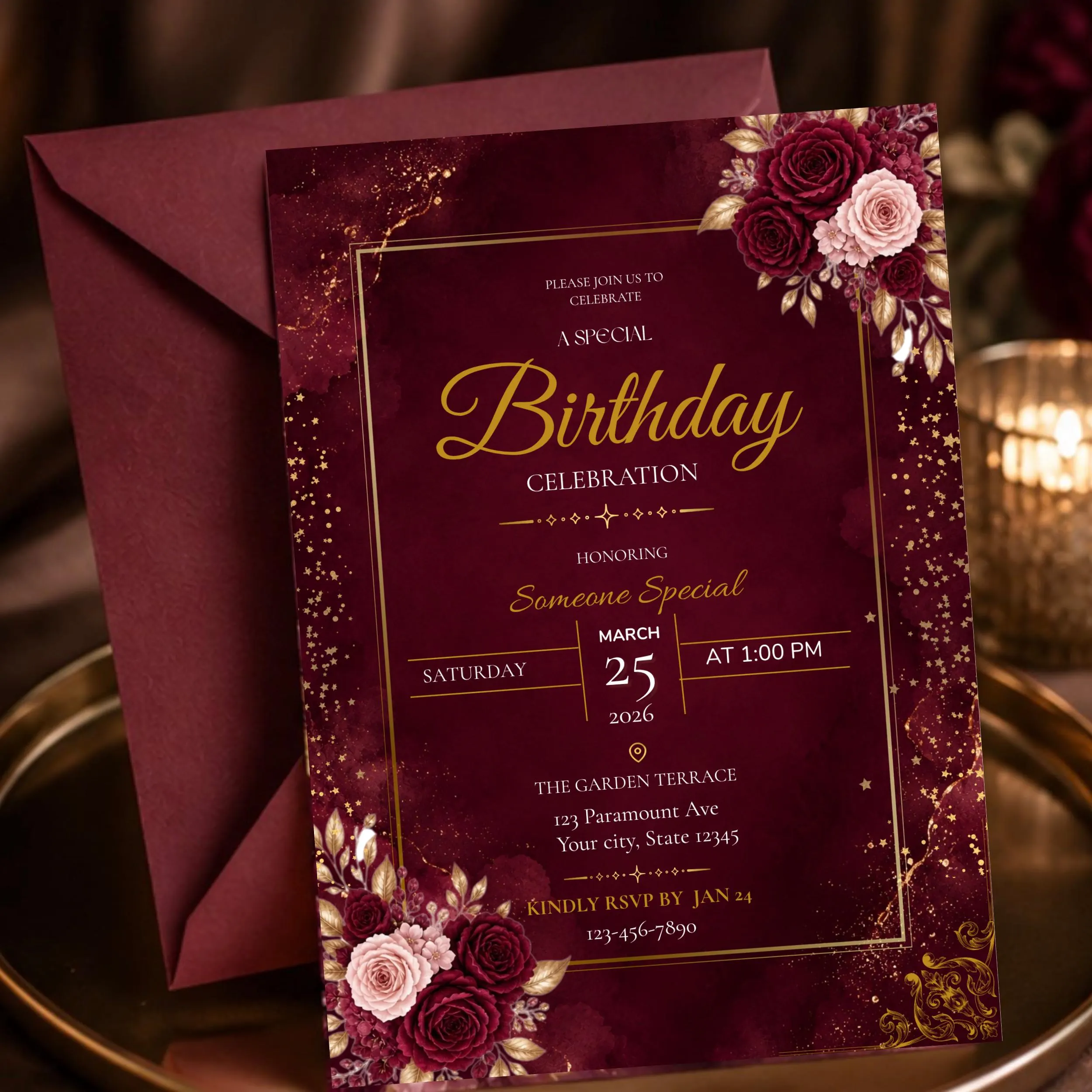 Burgundy and Gold Floral Birthday Invitation : Editable Invitation (Digital Download, Canva Template) - image 5