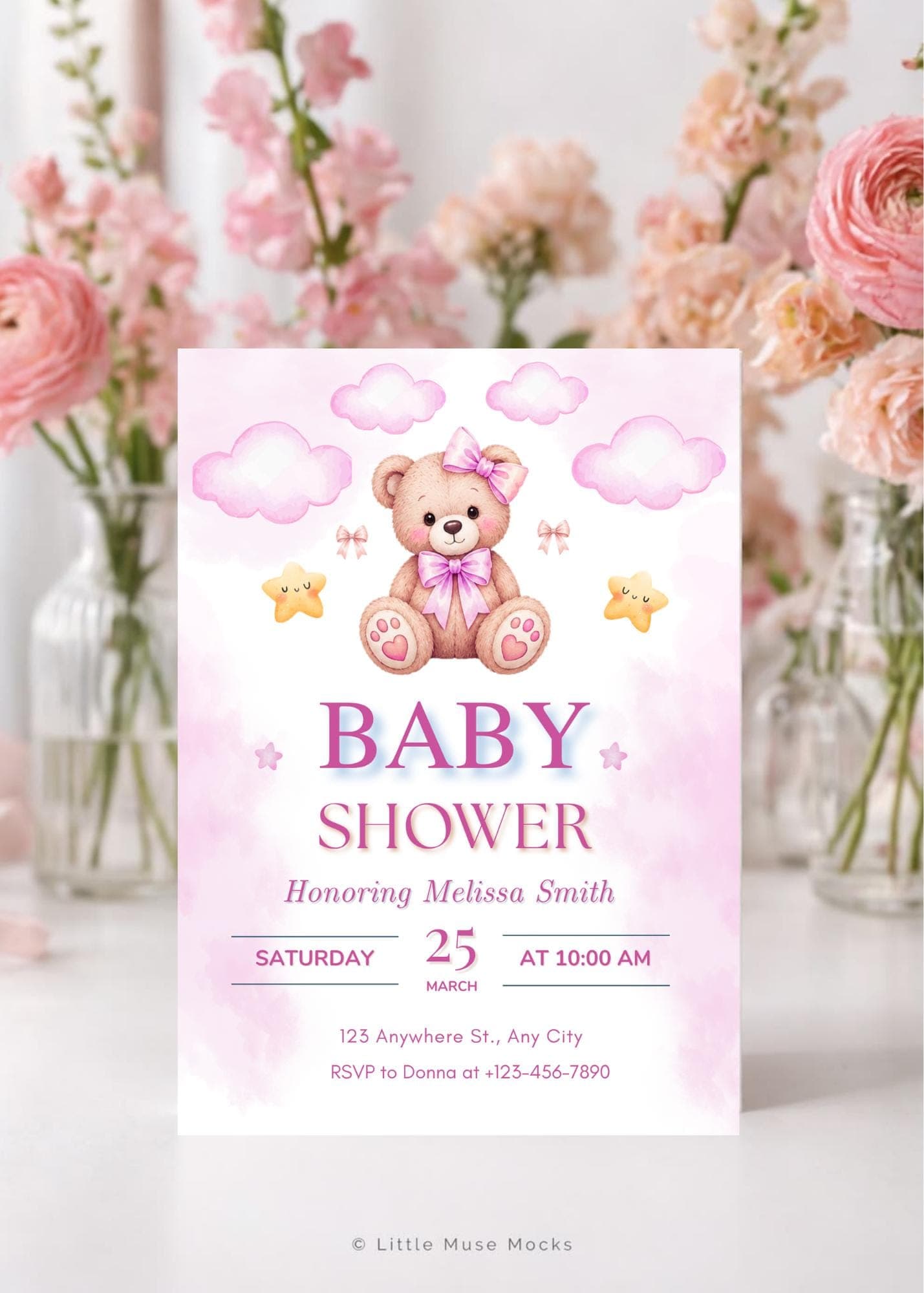 Pink Clouds and Teddy Bear Baby Shower Invitation: Editable Invitation (Digital Download, Canva Template)