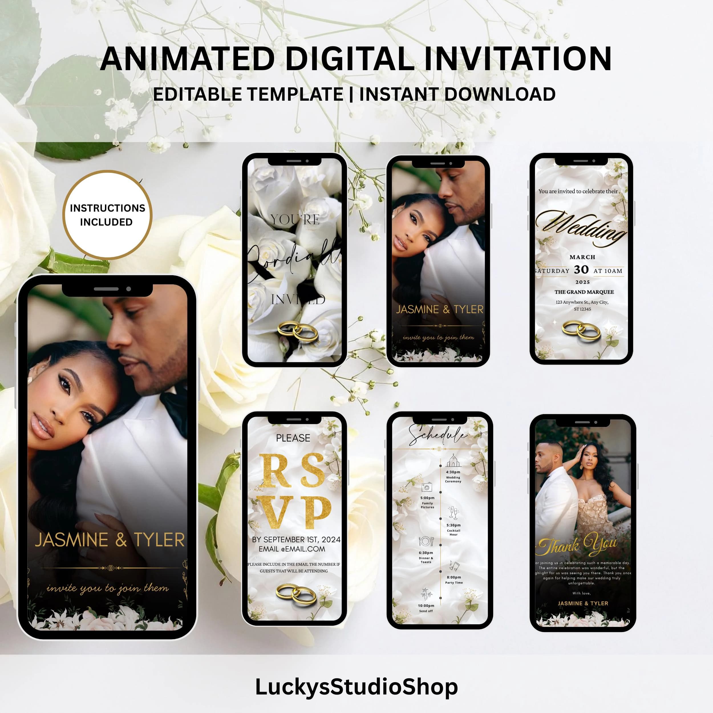 White Rose & Gold Wedding Invitation, Romantic Digital Wedding Invite, Elegant Animated Canva Template