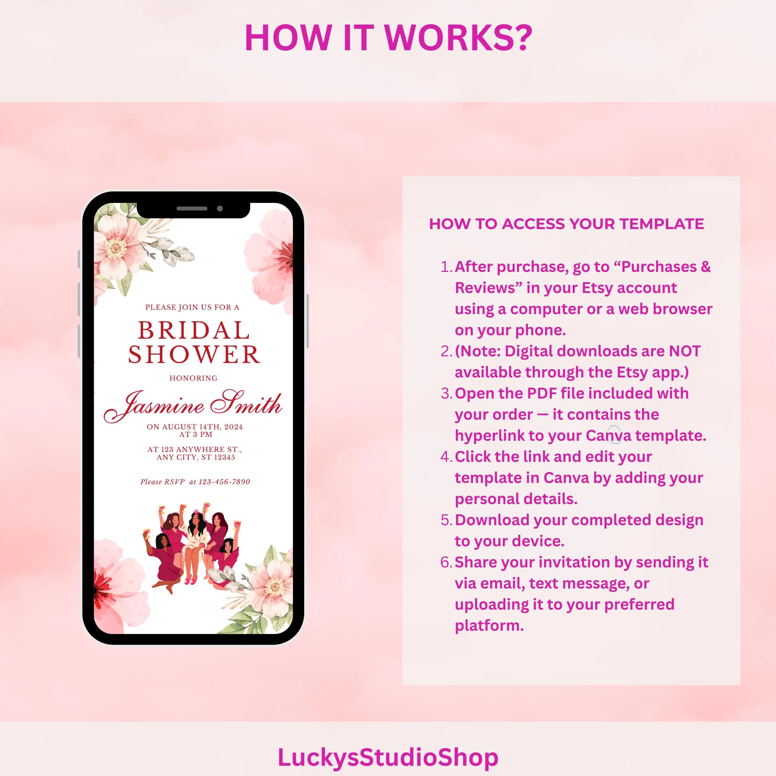 Pink Rose Bridal Shower Invitation: Editable Invitation (Digital Download, Canva Template) - image 5