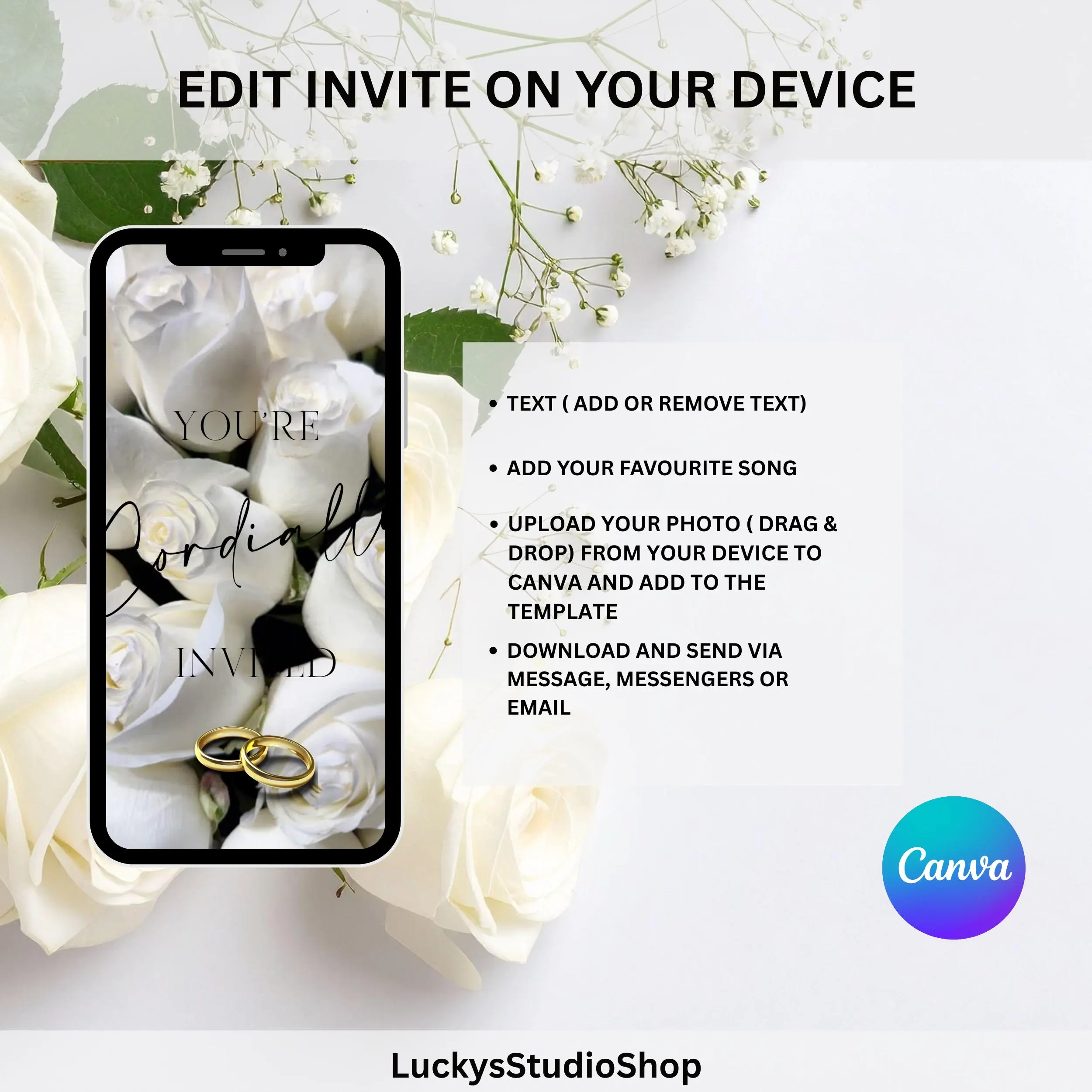 White Rose & Gold Wedding Invitation, Romantic Digital Wedding Invite, Elegant Animated Canva Template - image 4