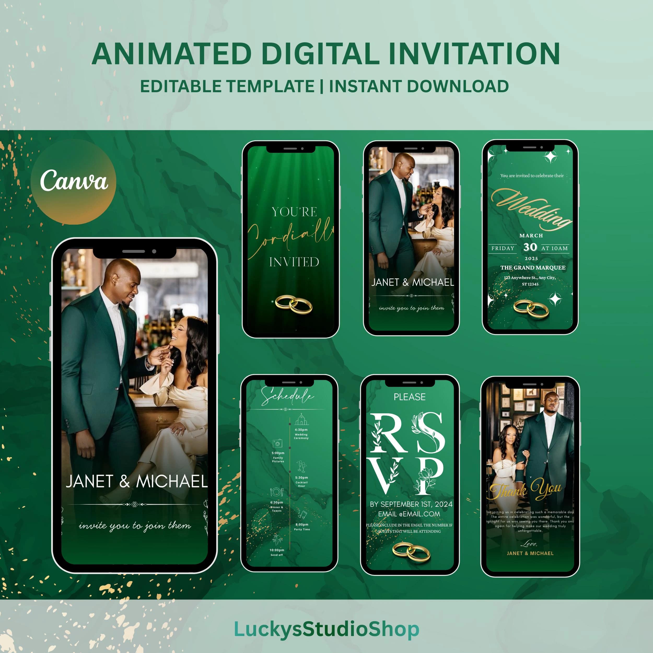 Green Wedding Invitation, Romantic Digital Wedding Invite, Elegant Animated Canva Template