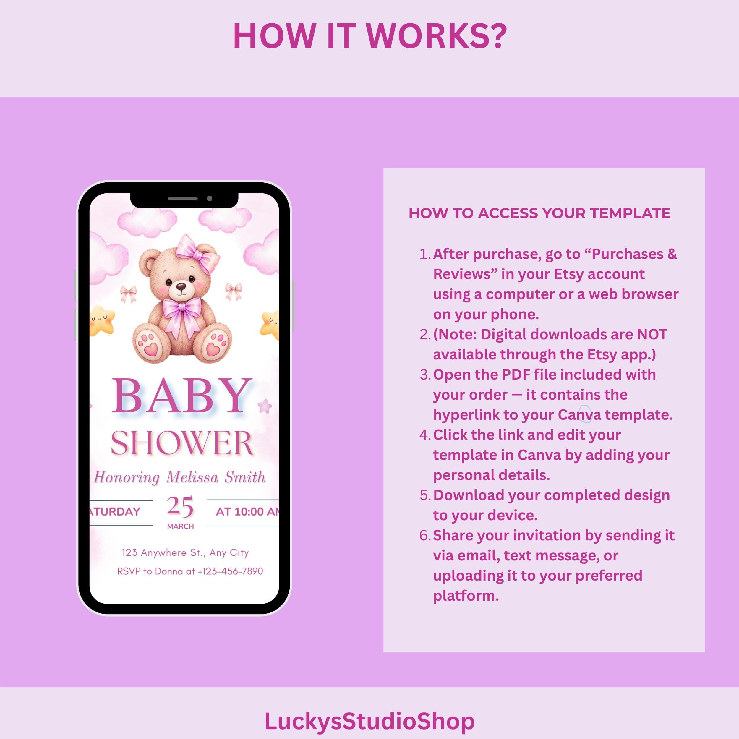 Pink Clouds and Teddy Bear Baby Shower Invitation: Editable Invitation (Digital Download, Canva Template) - image 5