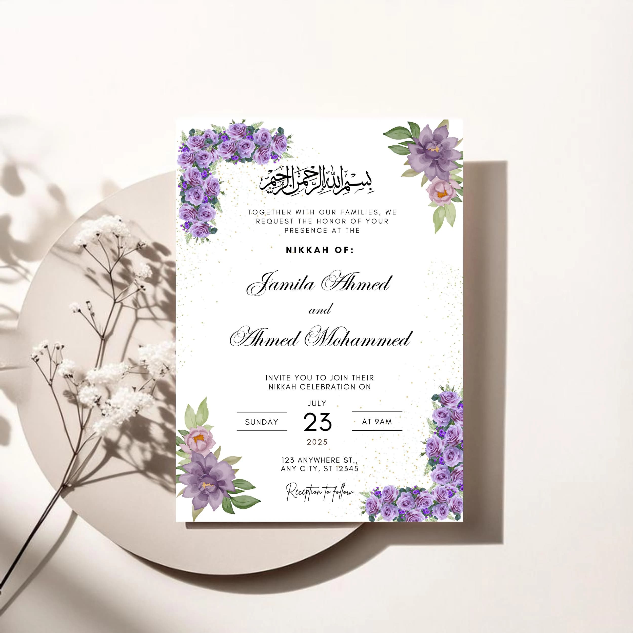 Elegant Purple Floral Nikkah Invitation Template (Digital Download)