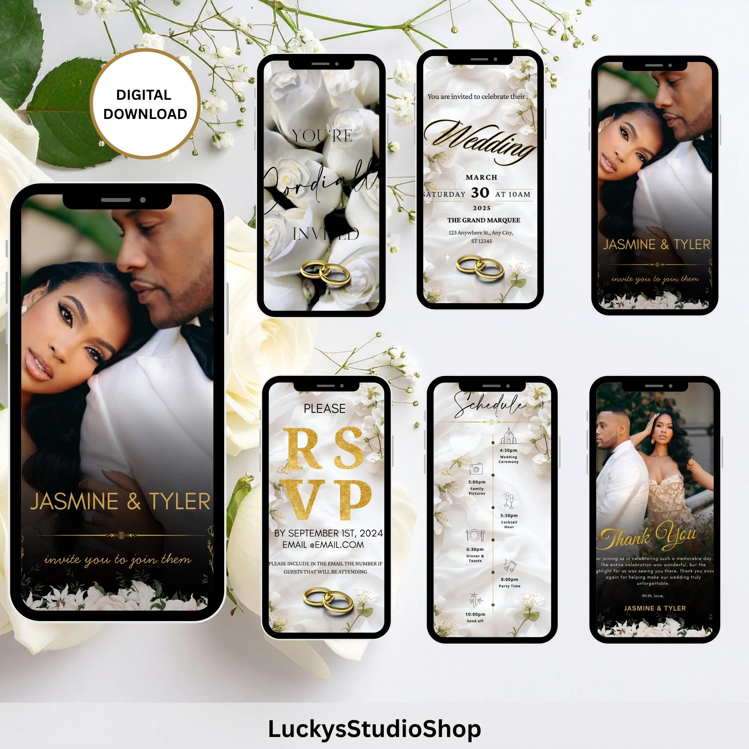 White Rose & Gold Wedding Invitation, Romantic Digital Wedding Invite, Elegant Animated Canva Template - image 2