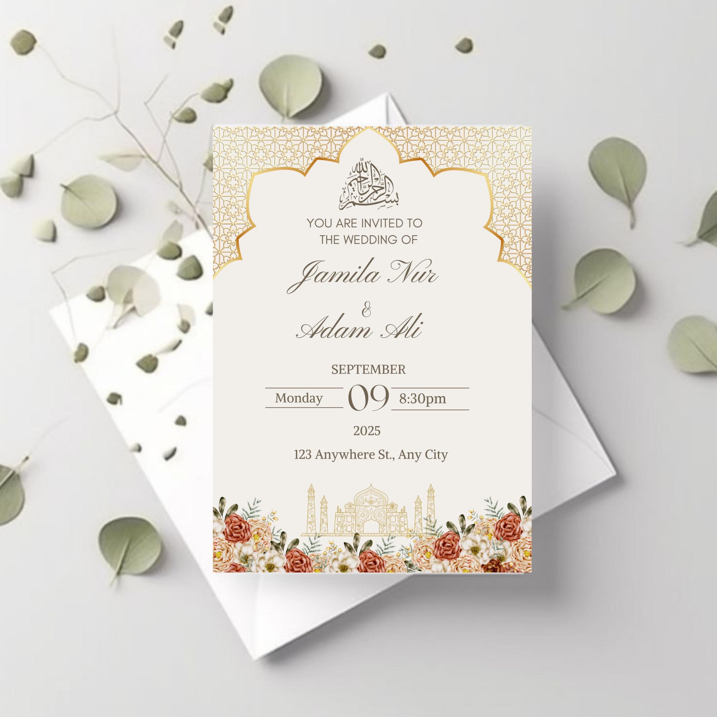 Floral Nikkah Invitation Template: Elegant Islamic Wedding (Canva Digital Download)