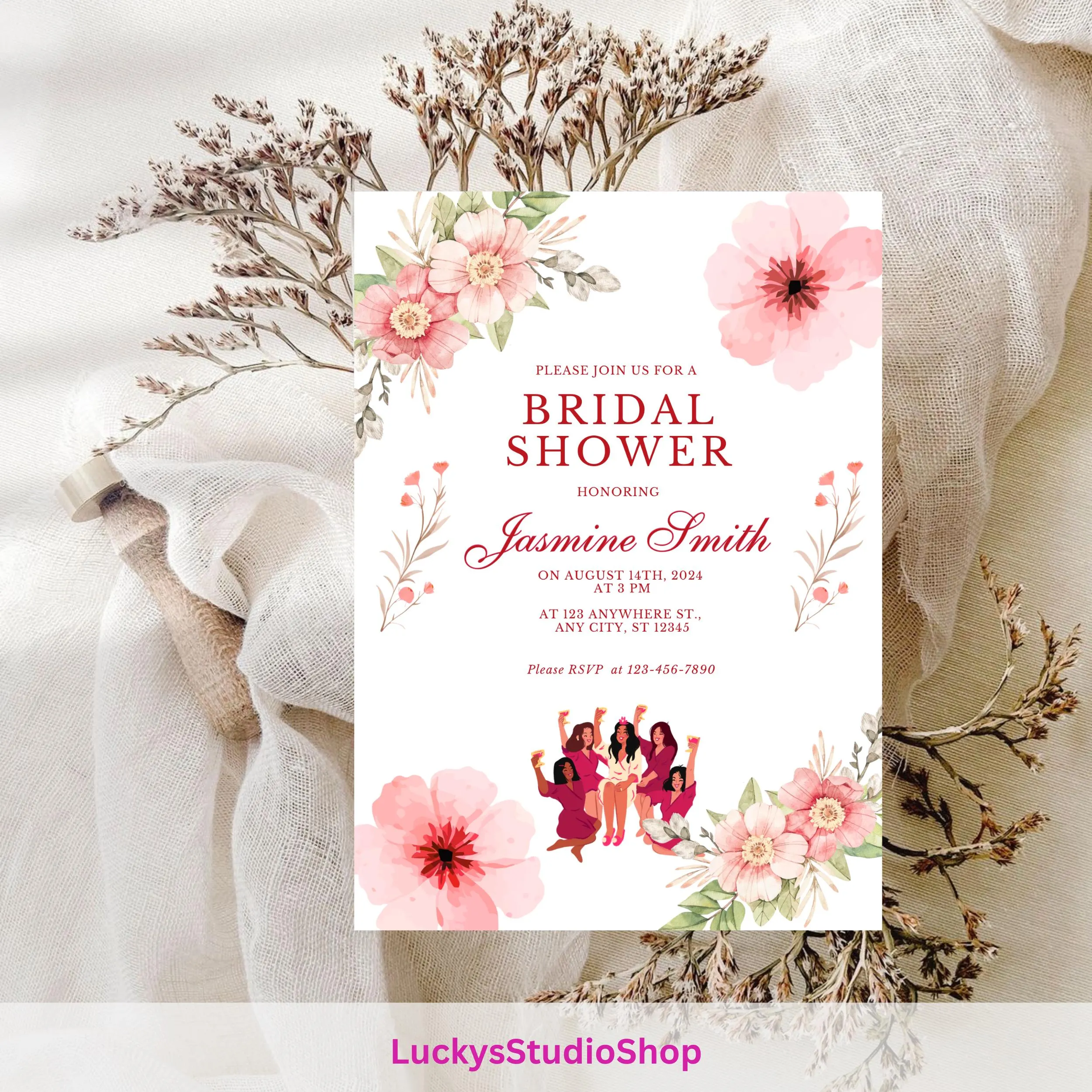 Pink Rose Bridal Shower Invitation: Editable Invitation (Digital Download, Canva Template)