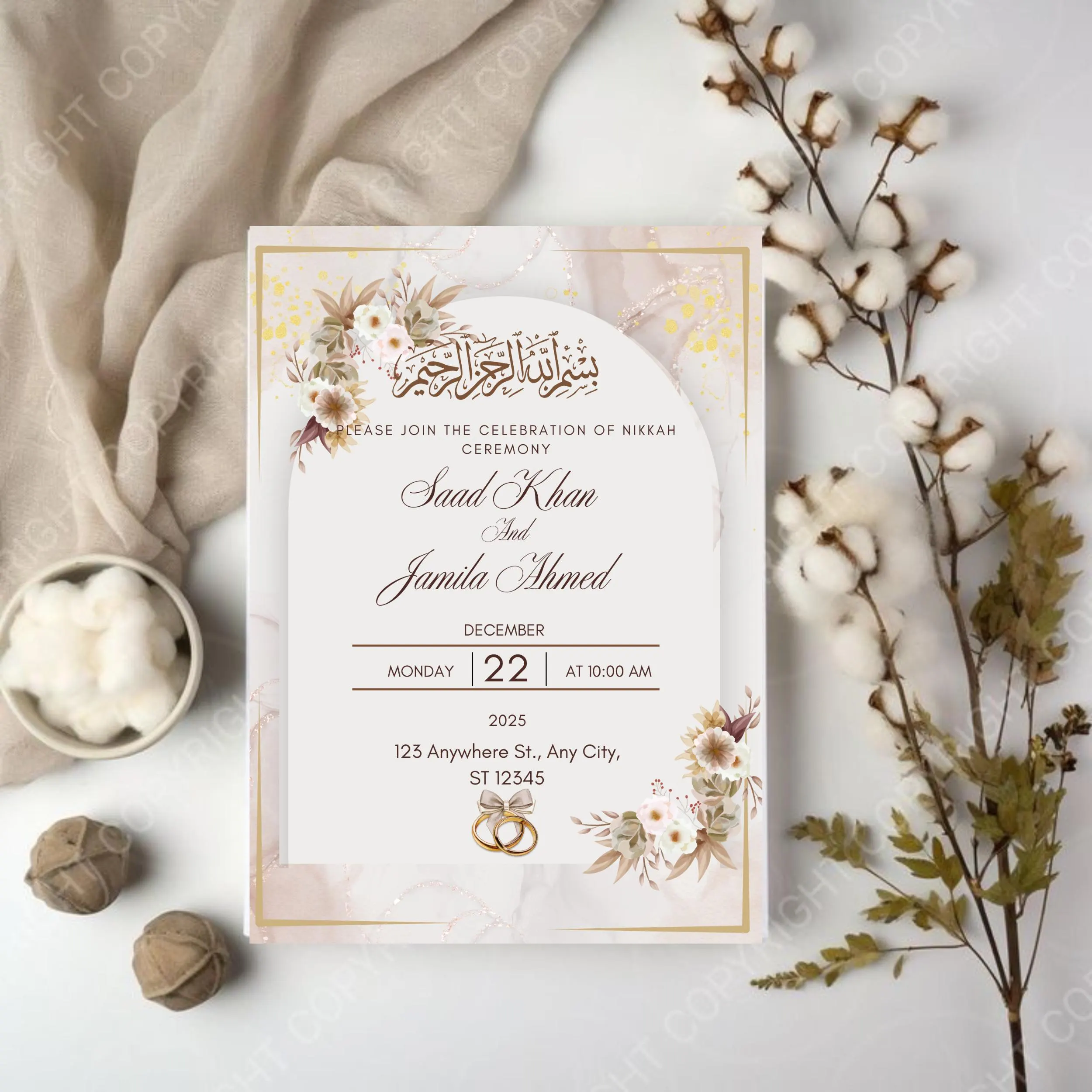 Elegant Muslim Wedding Invitation Template: Brown & Gold Nikkah Card (Digital Download 5x7 inches)