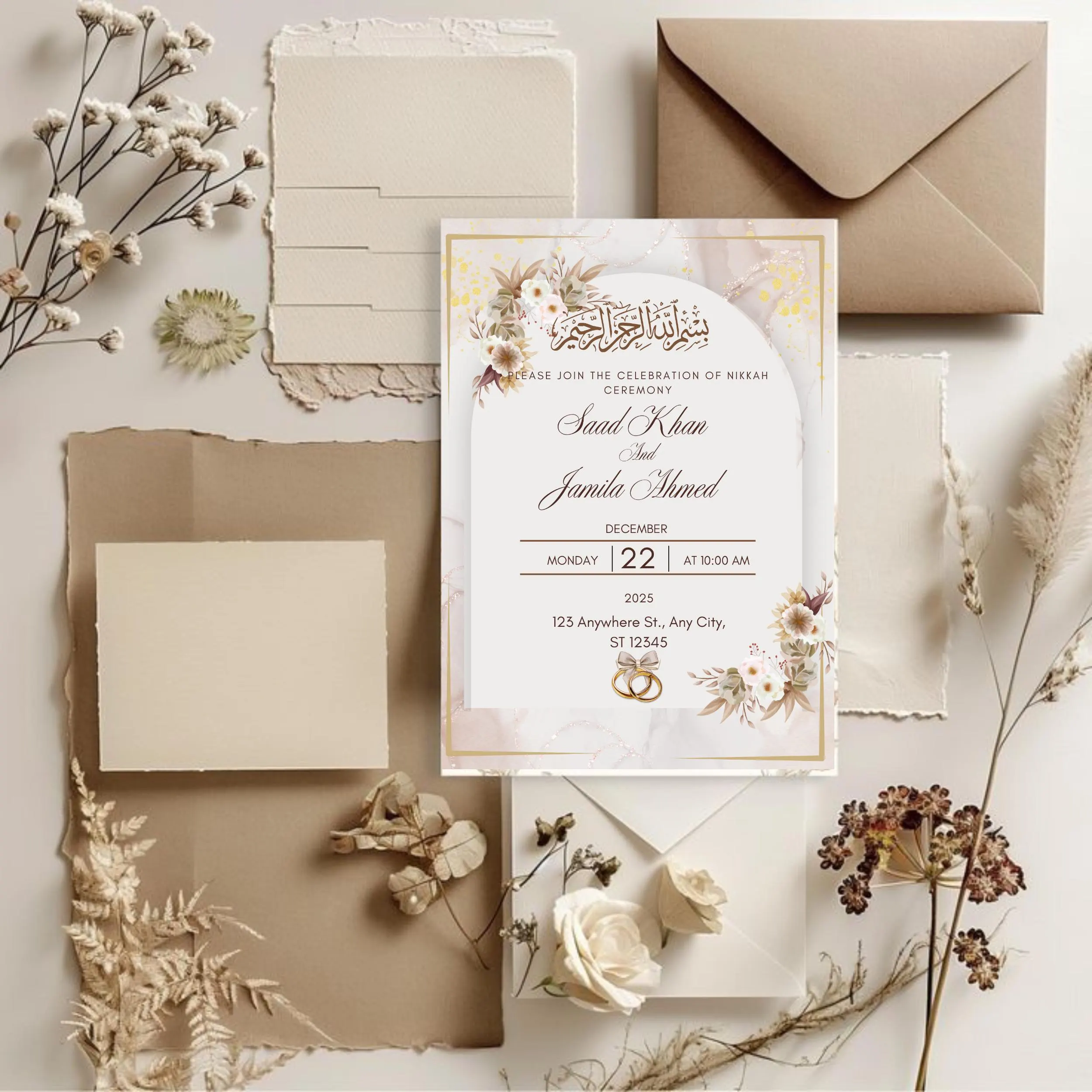 Elegant Muslim Wedding Invitation Template: Brown & Gold Nikkah Card (Digital Download 5x7 inches) - image 2