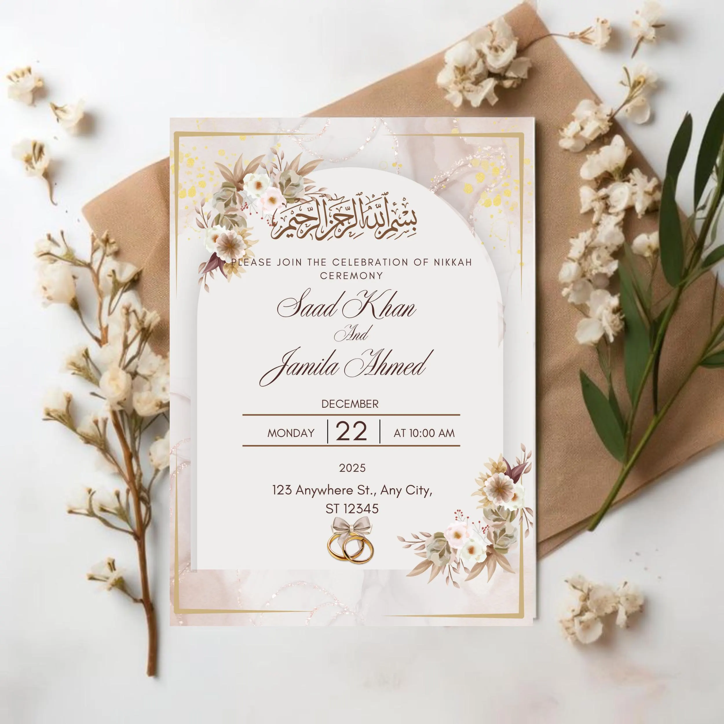 Elegant Muslim Wedding Invitation Template: Brown & Gold Nikkah Card (Digital Download 5x7 inches) - image 5