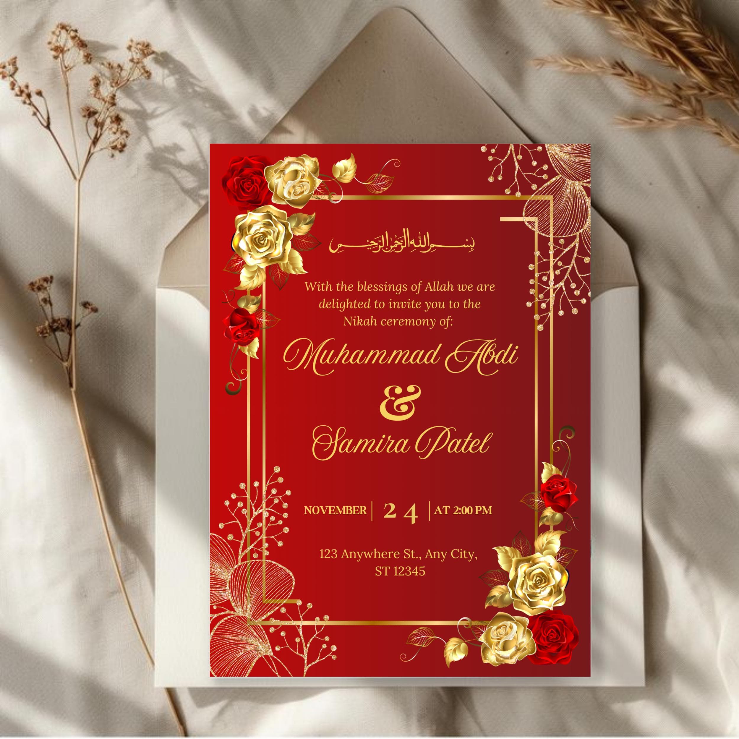 Elegant Red and Gold Muslim Wedding Invitation Template (Digital Download) - image 4