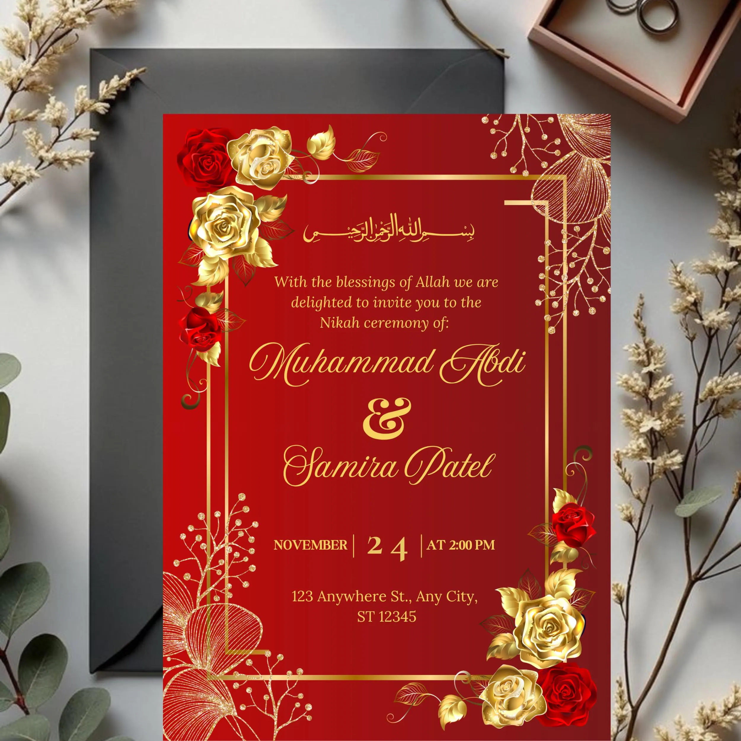 Elegant Red and Gold Muslim Wedding Invitation Template (Digital Download) - image 3