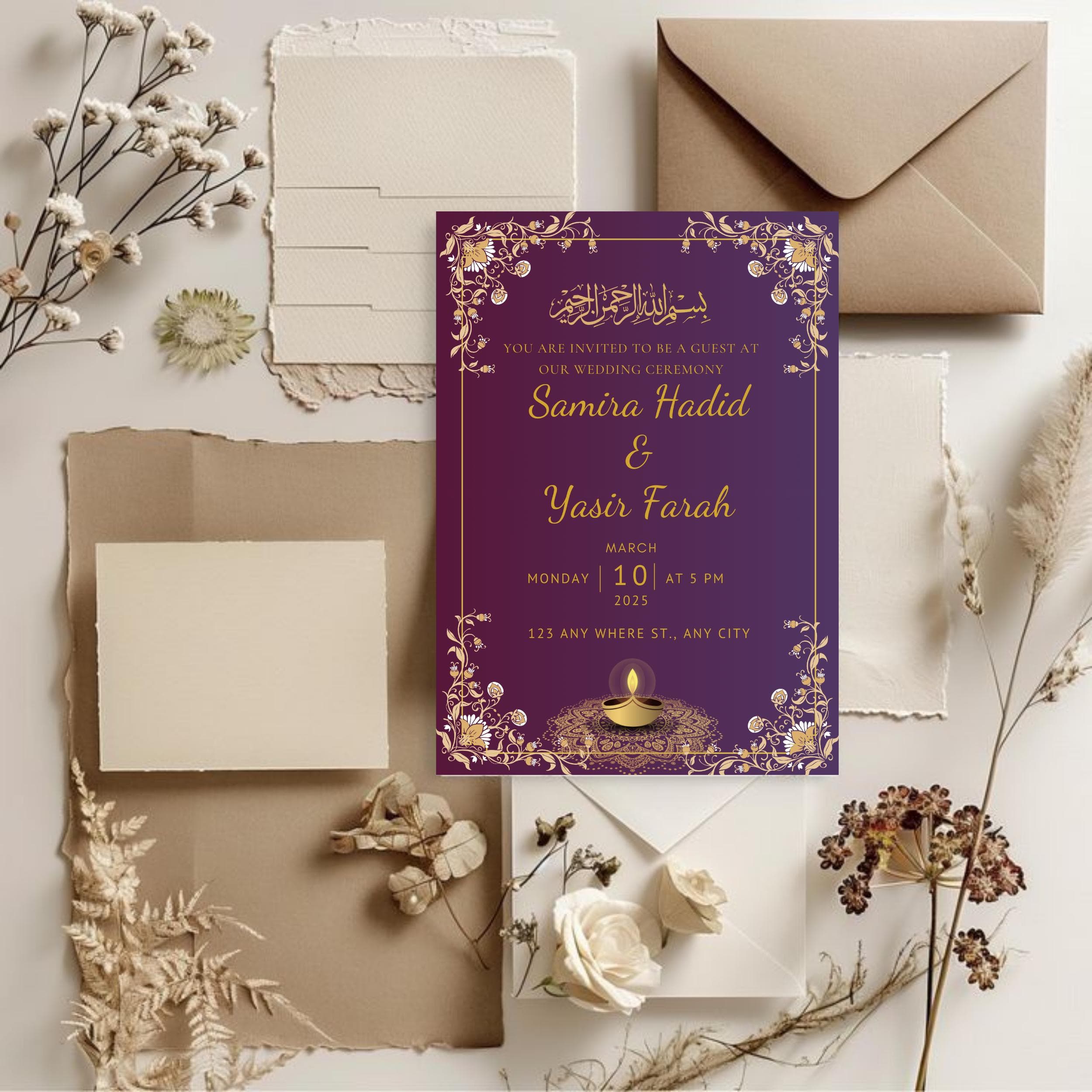 Purple & Gold Nikkah Invitation Template: Elegant Muslim Wedding (Digital Download)