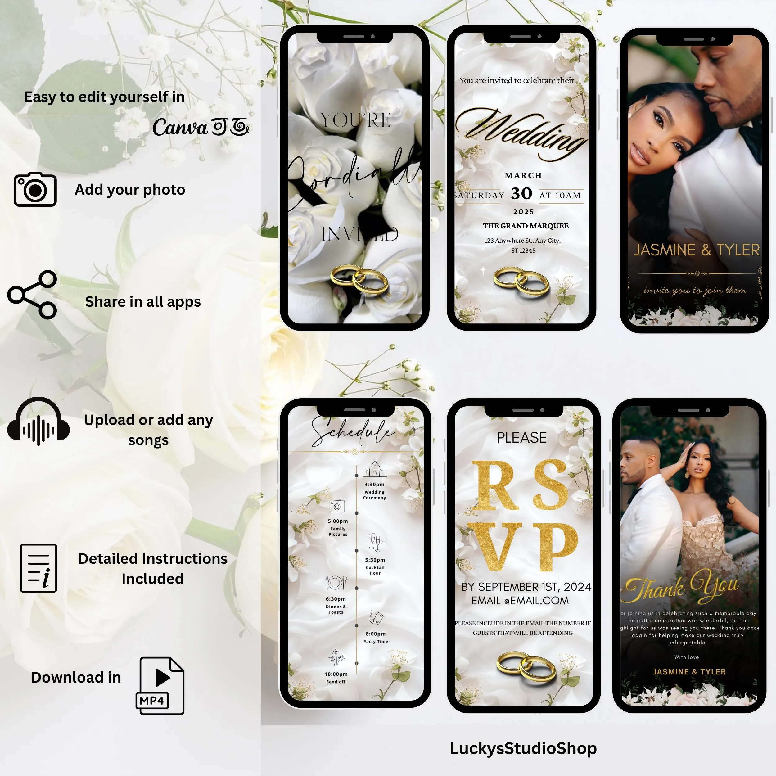 White Rose & Gold Wedding Invitation, Romantic Digital Wedding Invite, Elegant Animated Canva Template - image 3