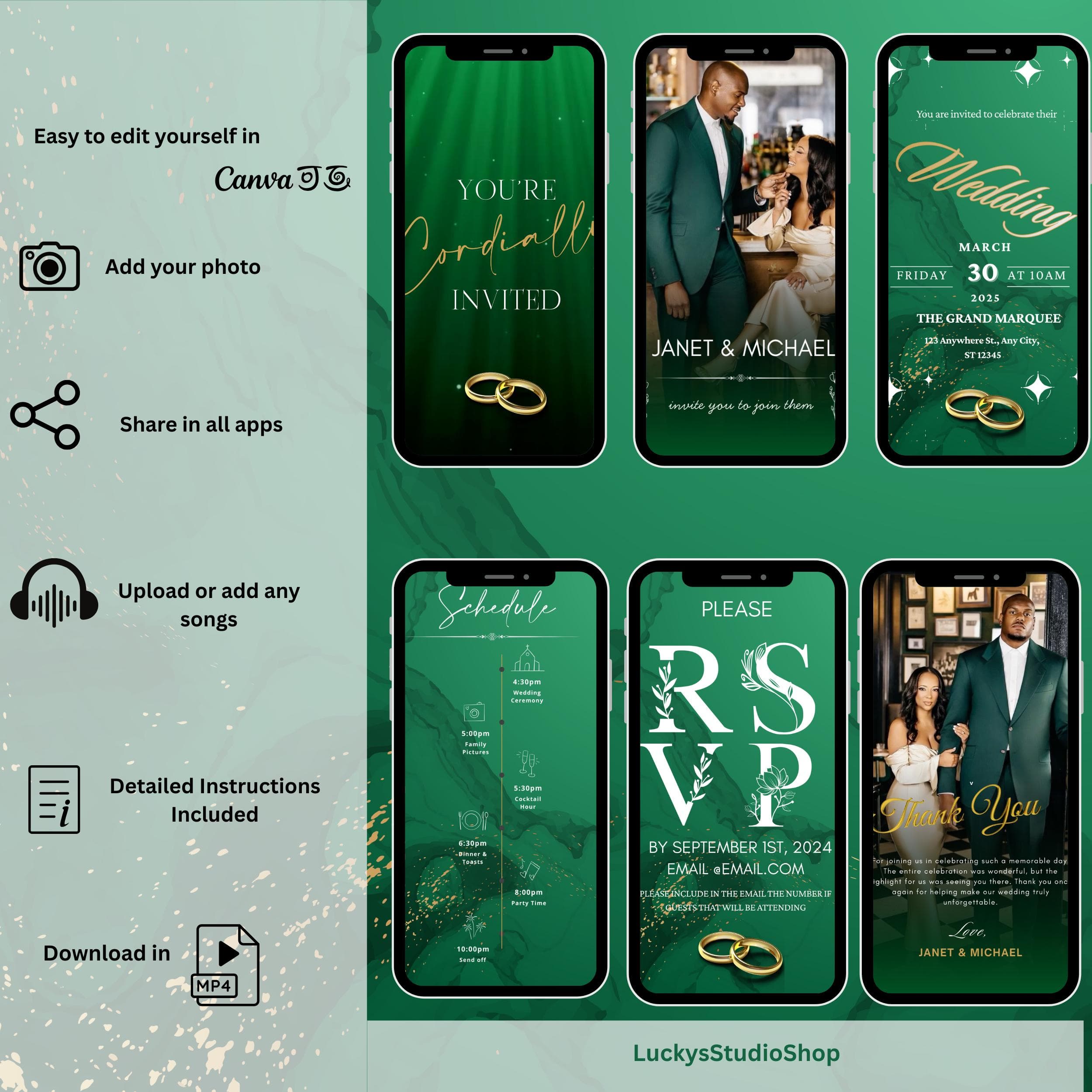Green Wedding Invitation, Romantic Digital Wedding Invite, Elegant Animated Canva Template - image 3