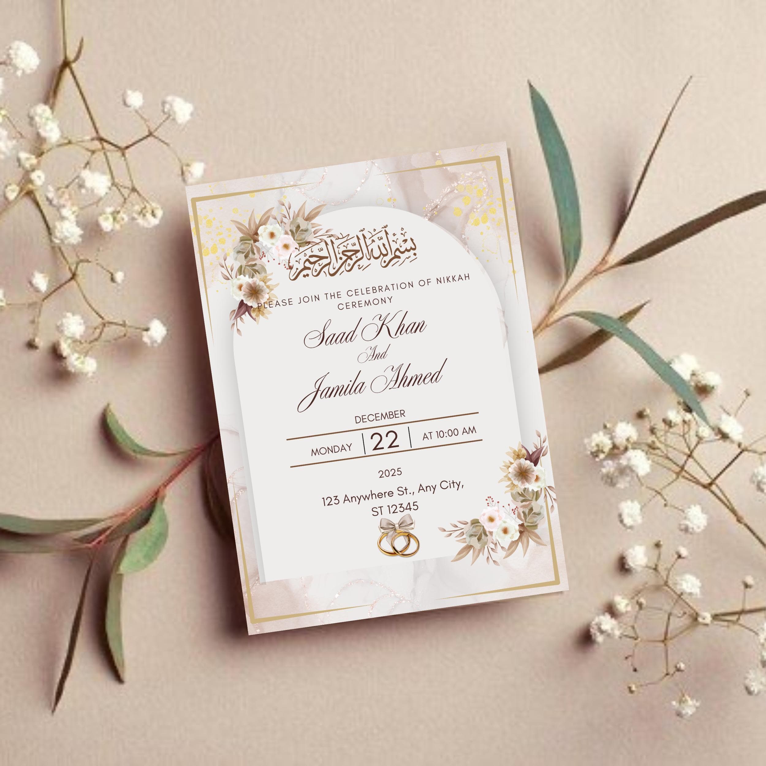 Elegant Muslim Wedding Invitation Template: Brown & Gold Nikkah Card (Digital Download 5x7 inches) - image 3