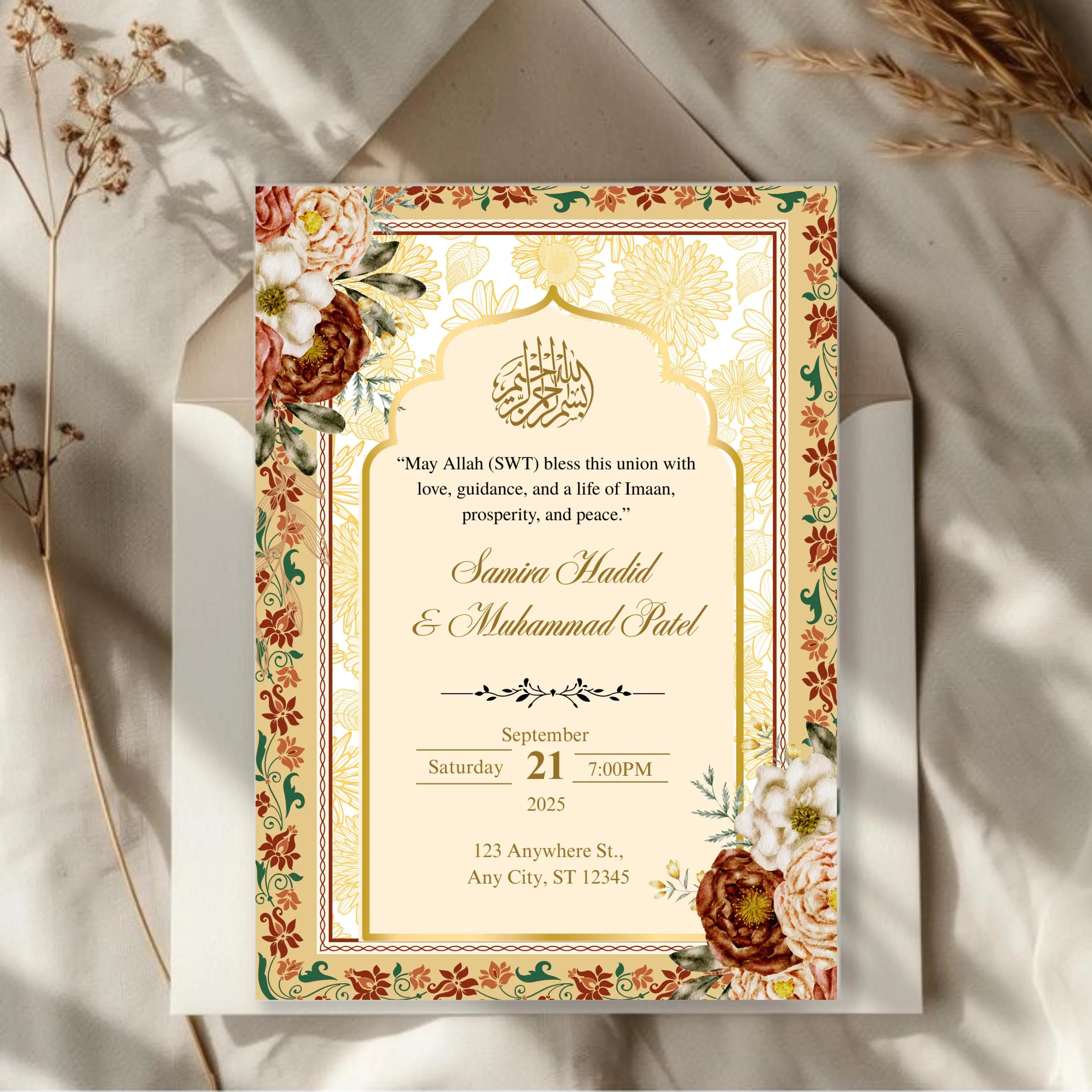 Floral Gold Muslim Wedding Invitation: Editable Nikkah, Walima, Shaadi Invite (Digital Download)