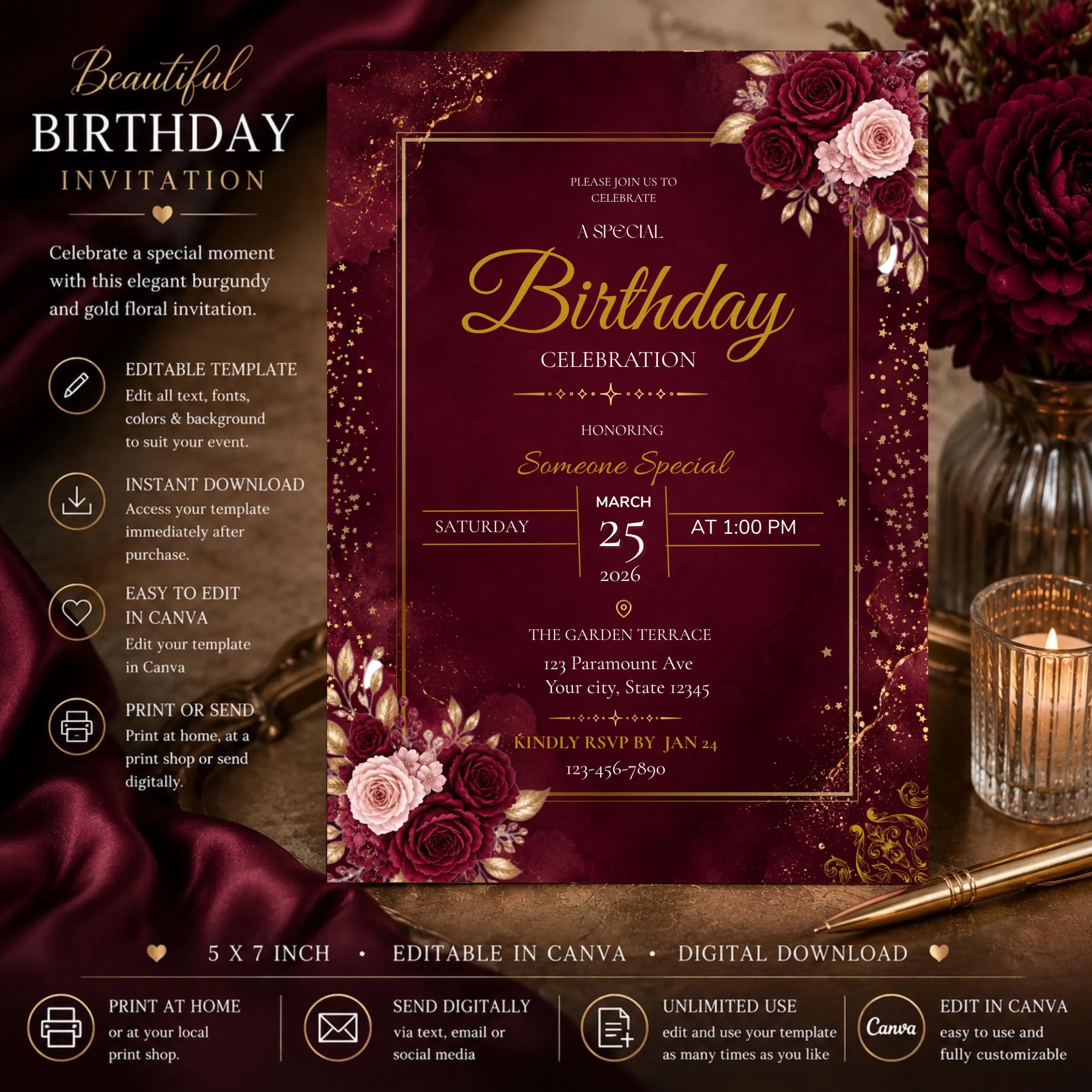 Burgundy and Gold Floral Birthday Invitation : Editable Invitation (Digital Download, Canva Template)