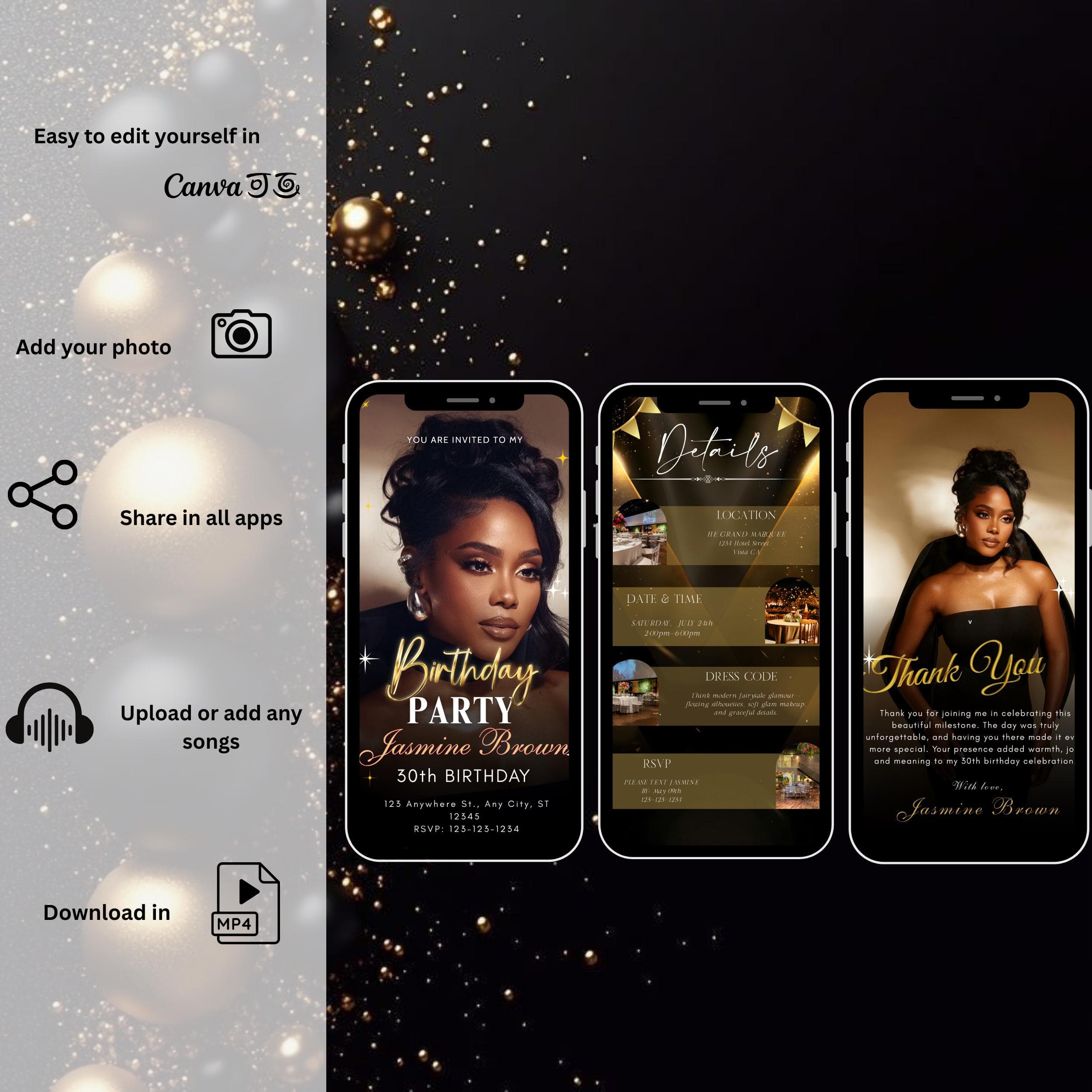 Elegant Black and Gold Birthday Invitation Video, Editable Canva Template - image 5