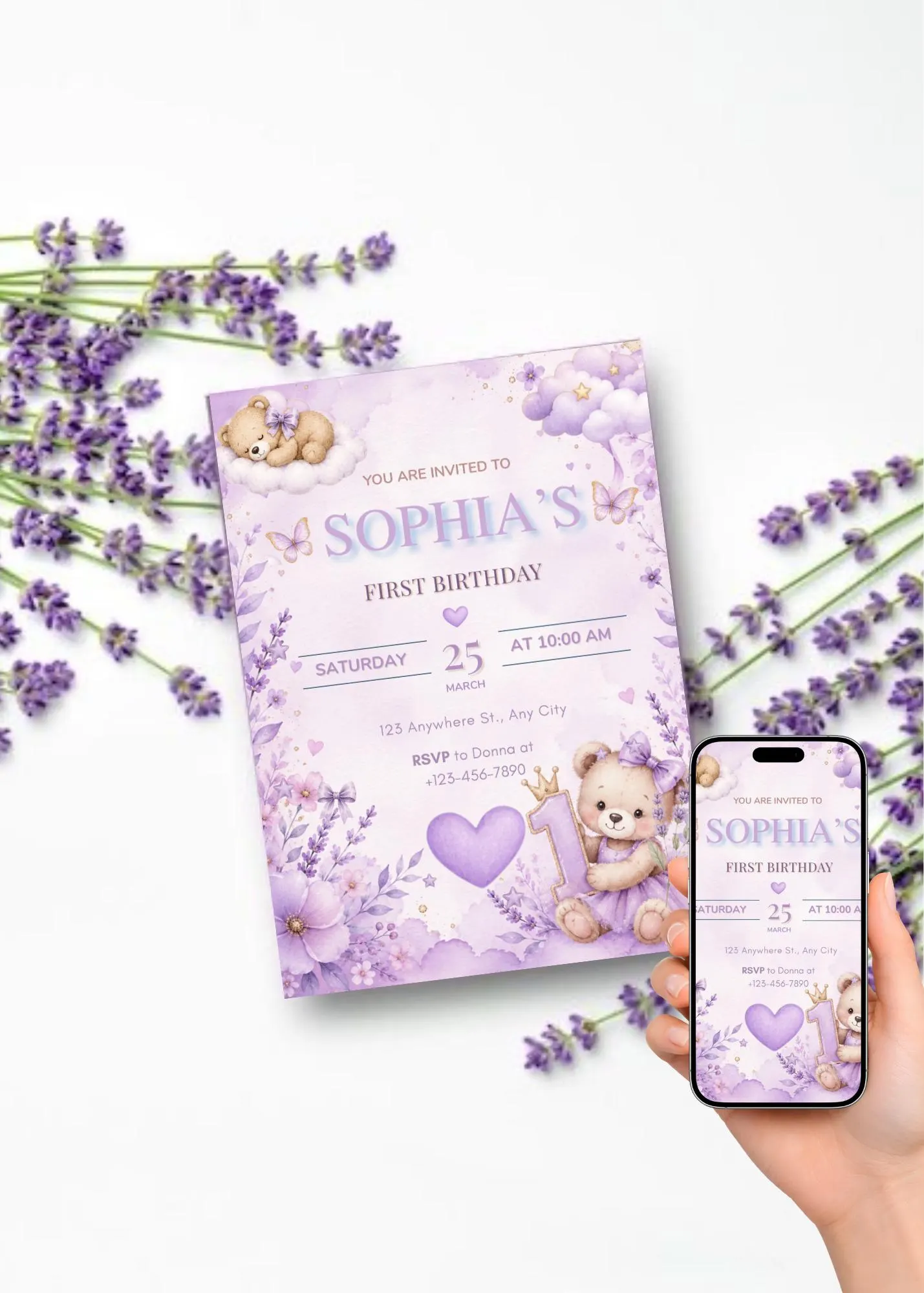 Lavender Baby First Birthday Invitation: Editable Invitation (Digital Download, Canva Template) - image 3