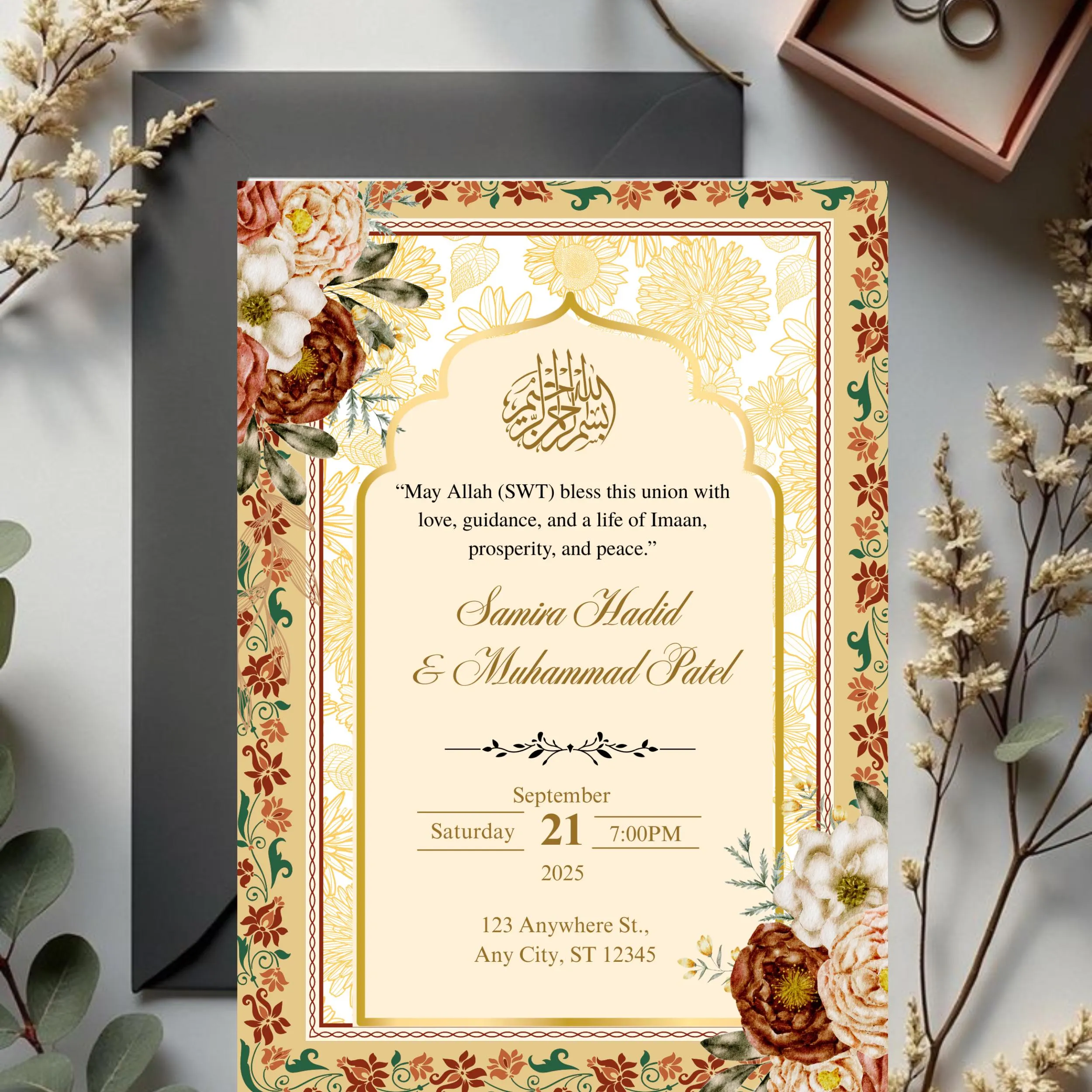 Floral Gold Muslim Wedding Invitation: Editable Nikkah, Walima, Shaadi Invite (Digital Download) - image 2