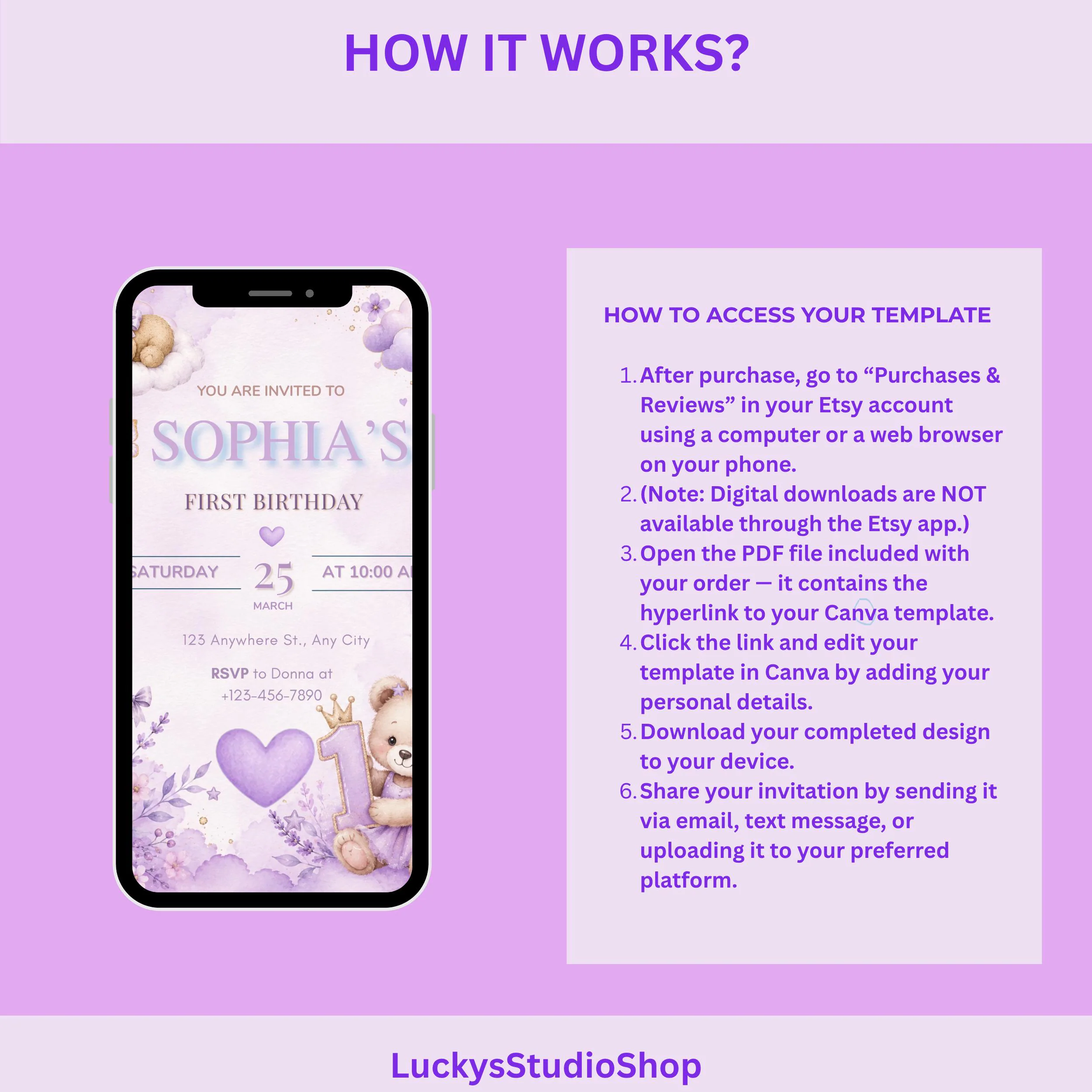 Lavender Baby First Birthday Invitation: Editable Invitation (Digital Download, Canva Template) - image 5
