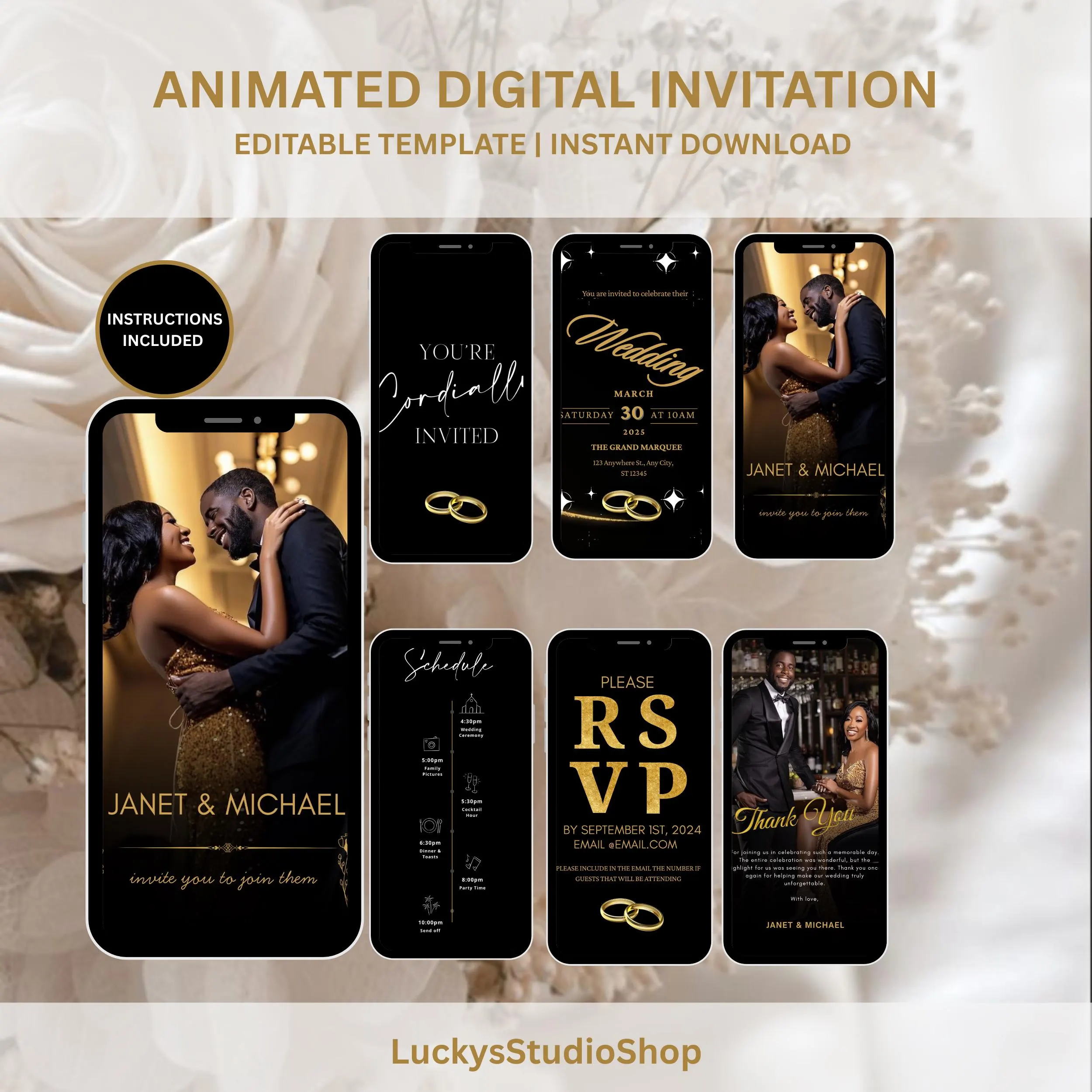 Elegant Digital Wedding Invitation | Black and Gold Editable Video Template Instant Download