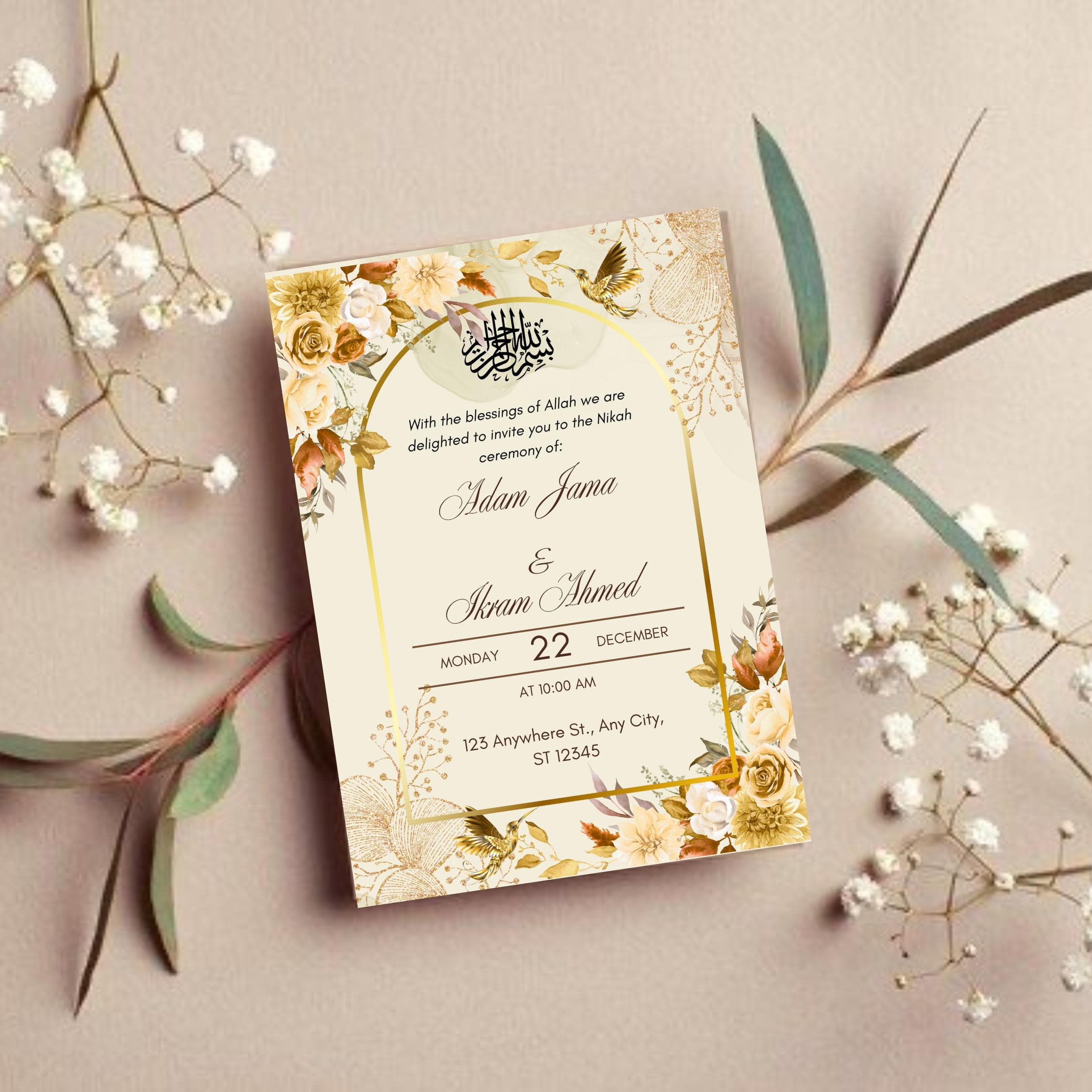 Elegant Floral Nikkah Invitation Template: Islamic Wedding Card (Digital Download)