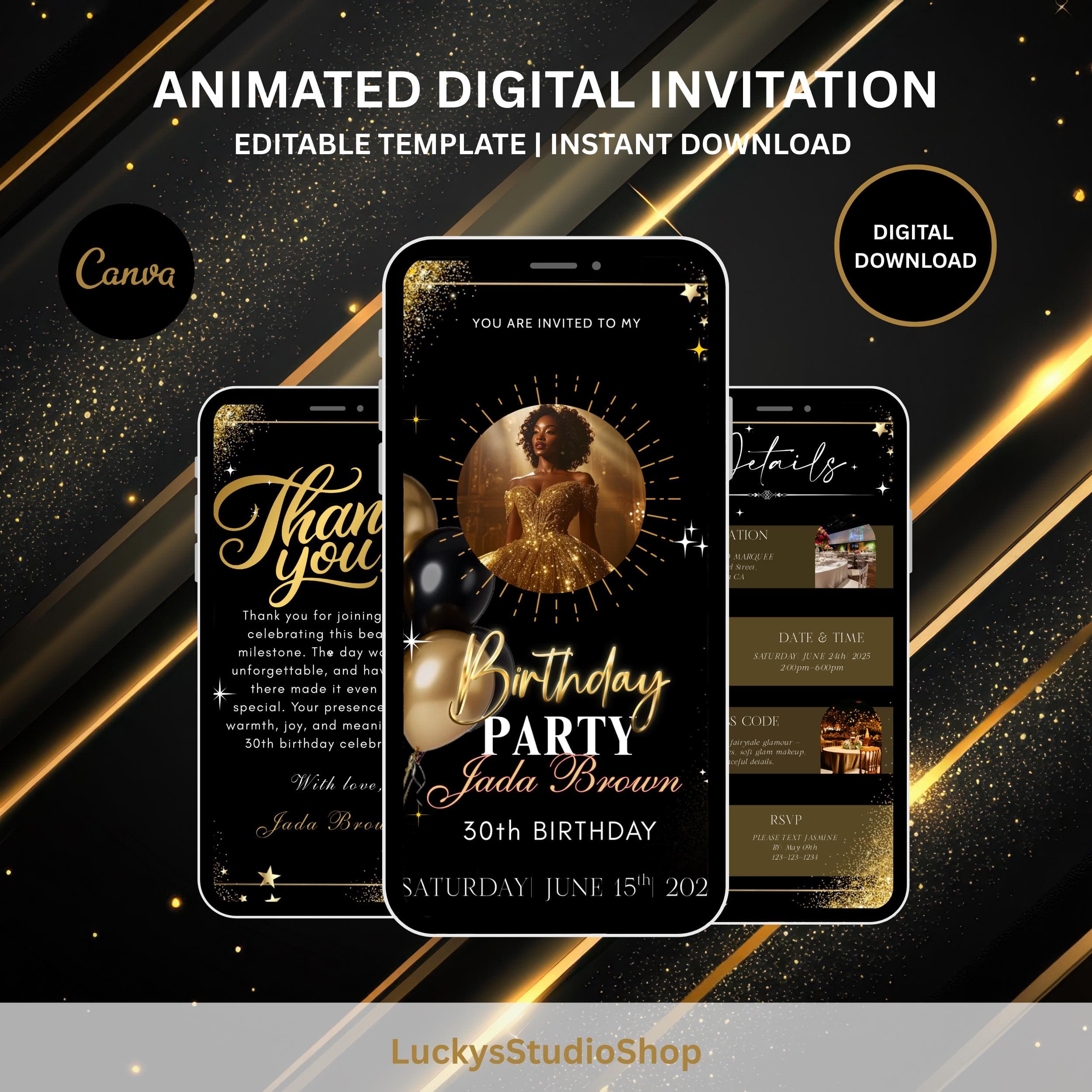 Black and Gold Birthday Dinner Video Invitation, Editable Canva Template (Digital Download)