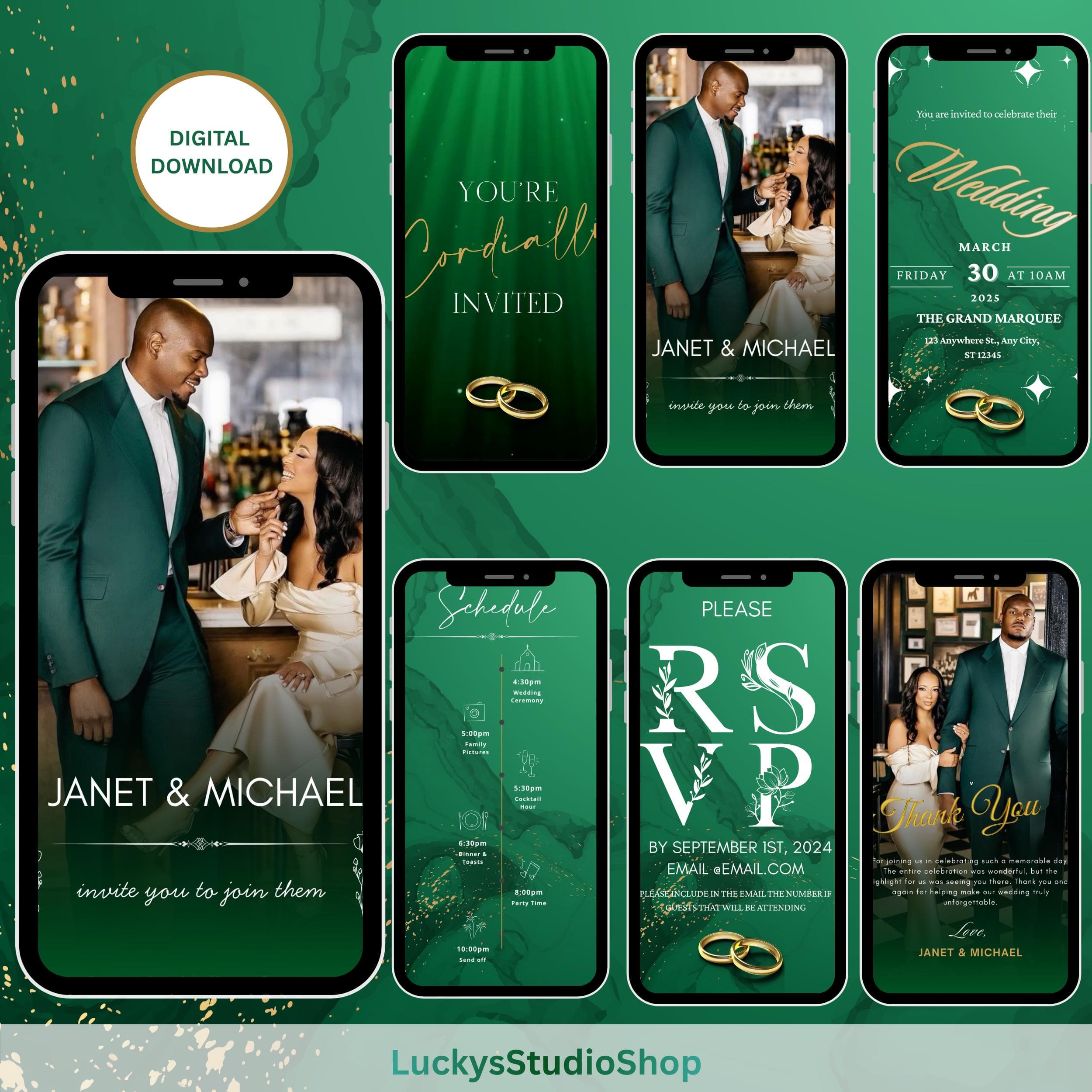 Green Wedding Invitation, Romantic Digital Wedding Invite, Elegant Animated Canva Template - image 2