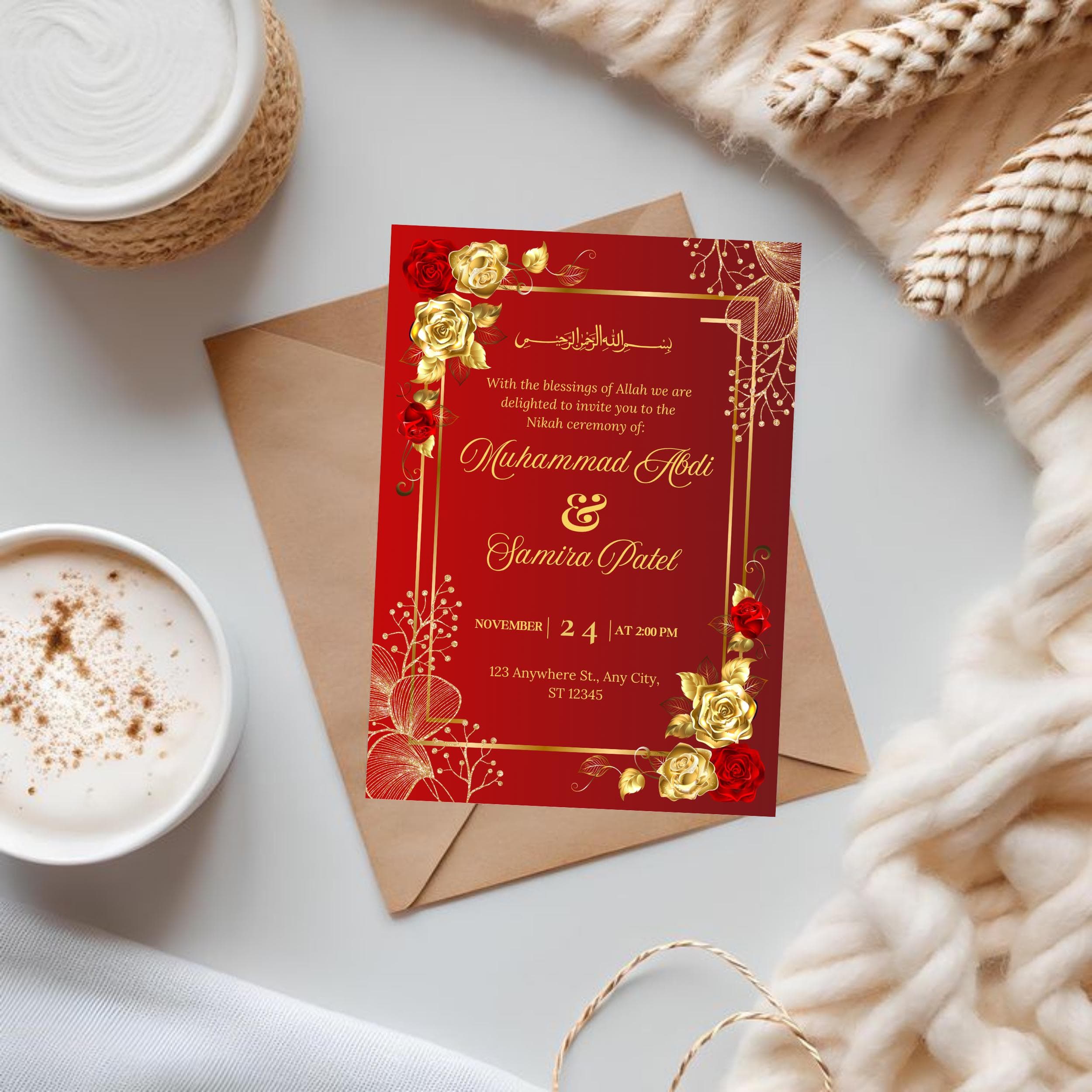Elegant Red and Gold Muslim Wedding Invitation Template (Digital Download)
