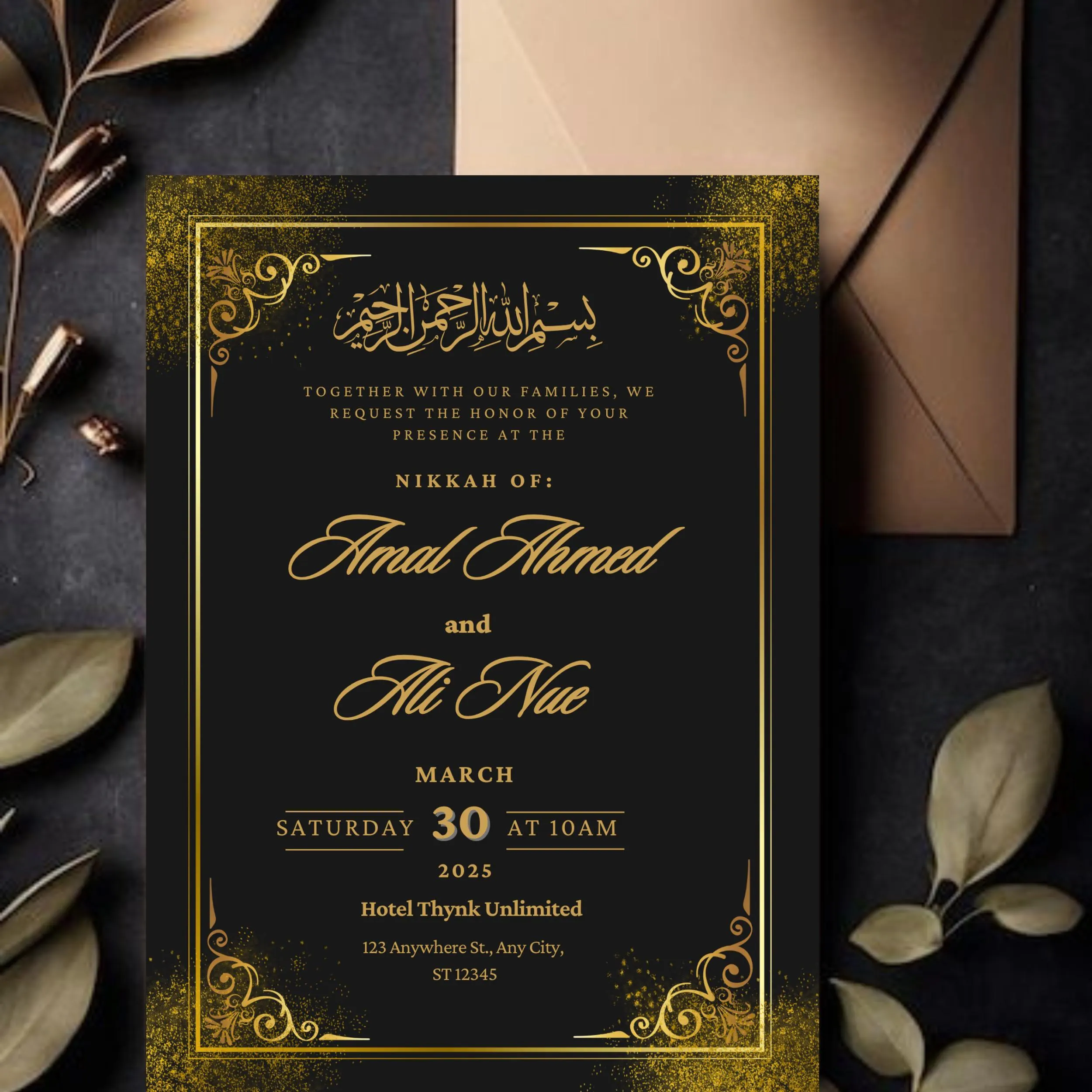 Elegant Black & Gold Nikkah Invitation Template: Islamic Wedding Card (Digital Download 5x7 inches) - image 5