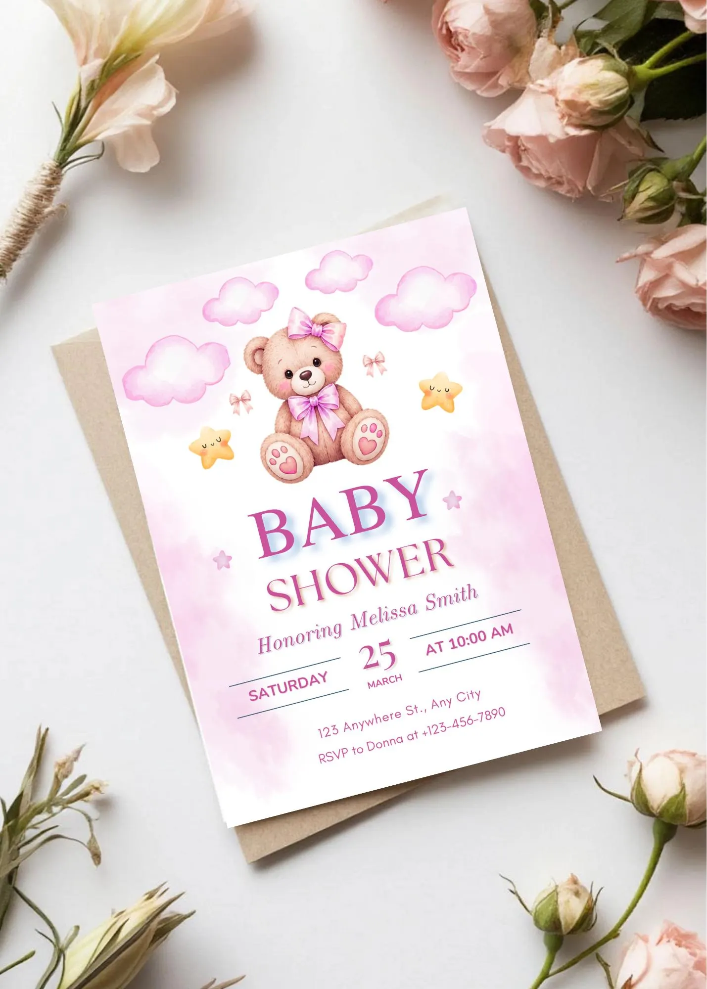 Pink Clouds and Teddy Bear Baby Shower Invitation: Editable Invitation (Digital Download, Canva Template) - image 2