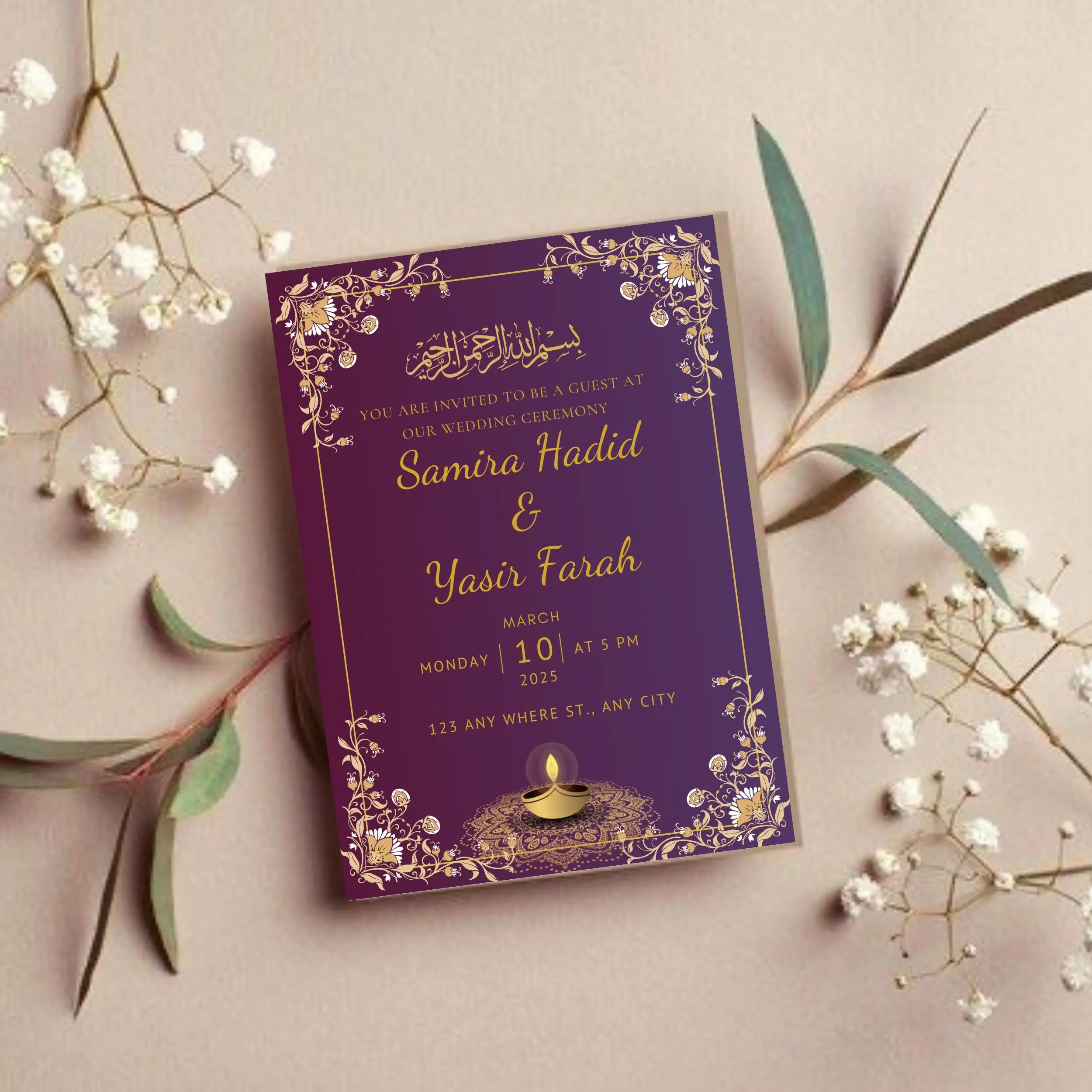 Purple & Gold Nikkah Invitation Template: Elegant Muslim Wedding (Digital Download) - image 3