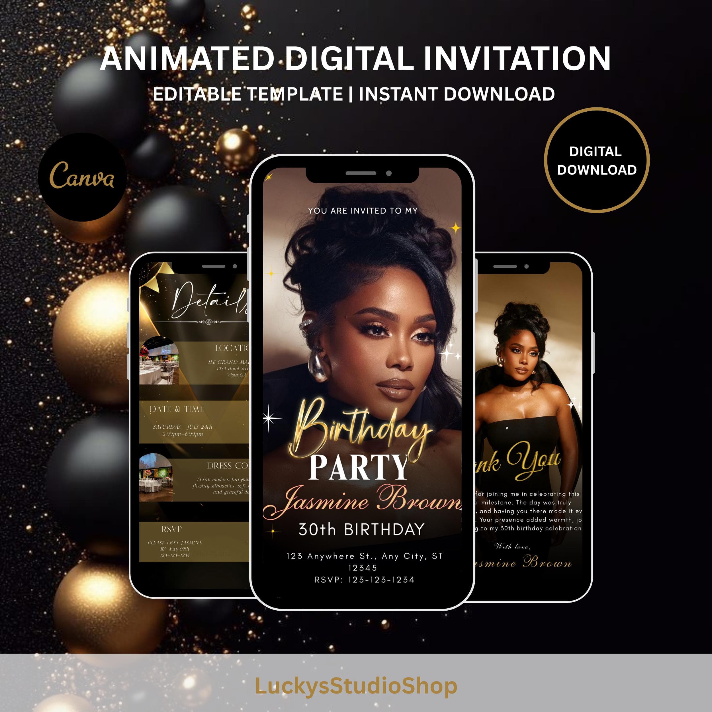 Elegant Black and Gold Birthday Invitation Video, Editable Canva Template