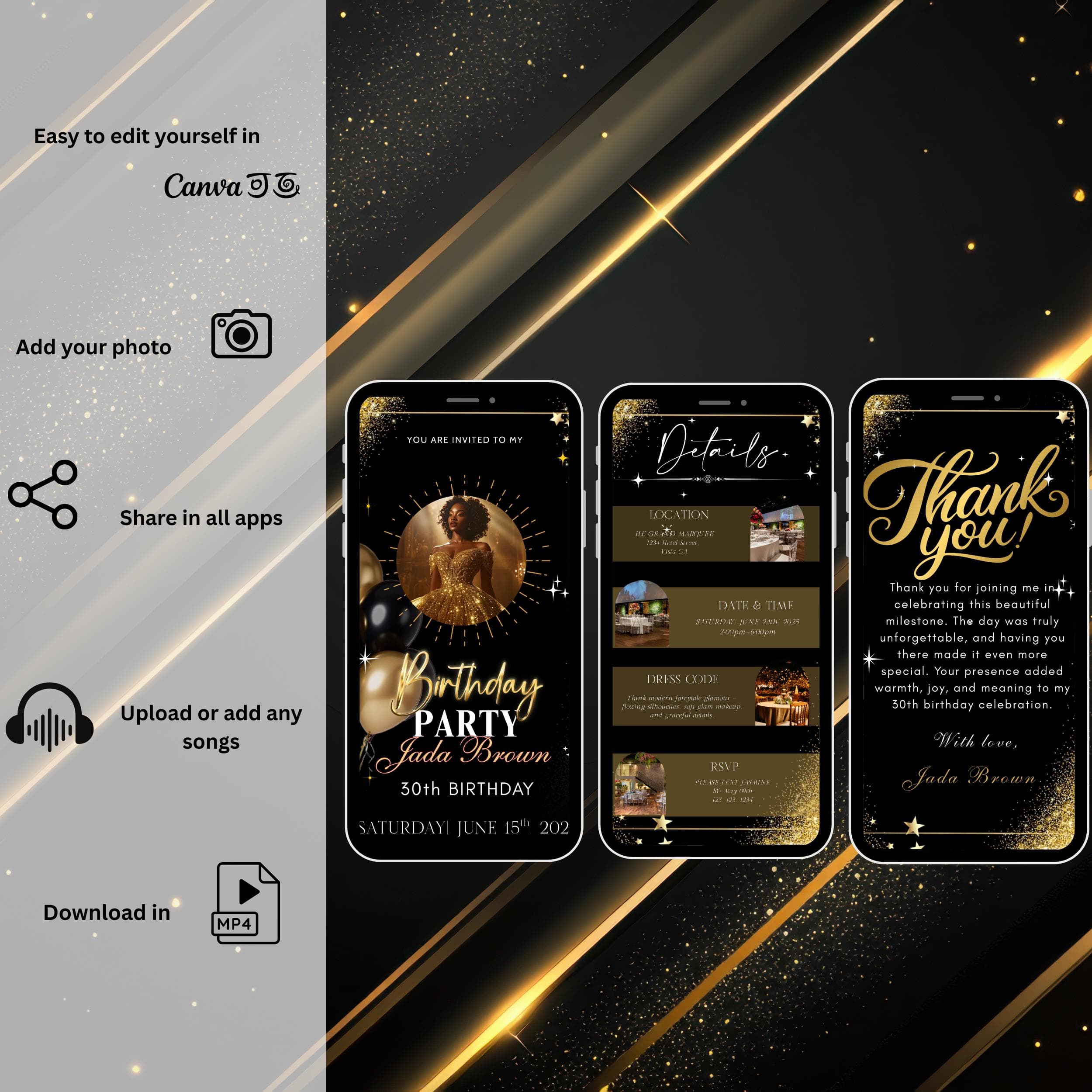 Black and Gold Birthday Dinner Video Invitation, Editable Canva Template (Digital Download) - image 5