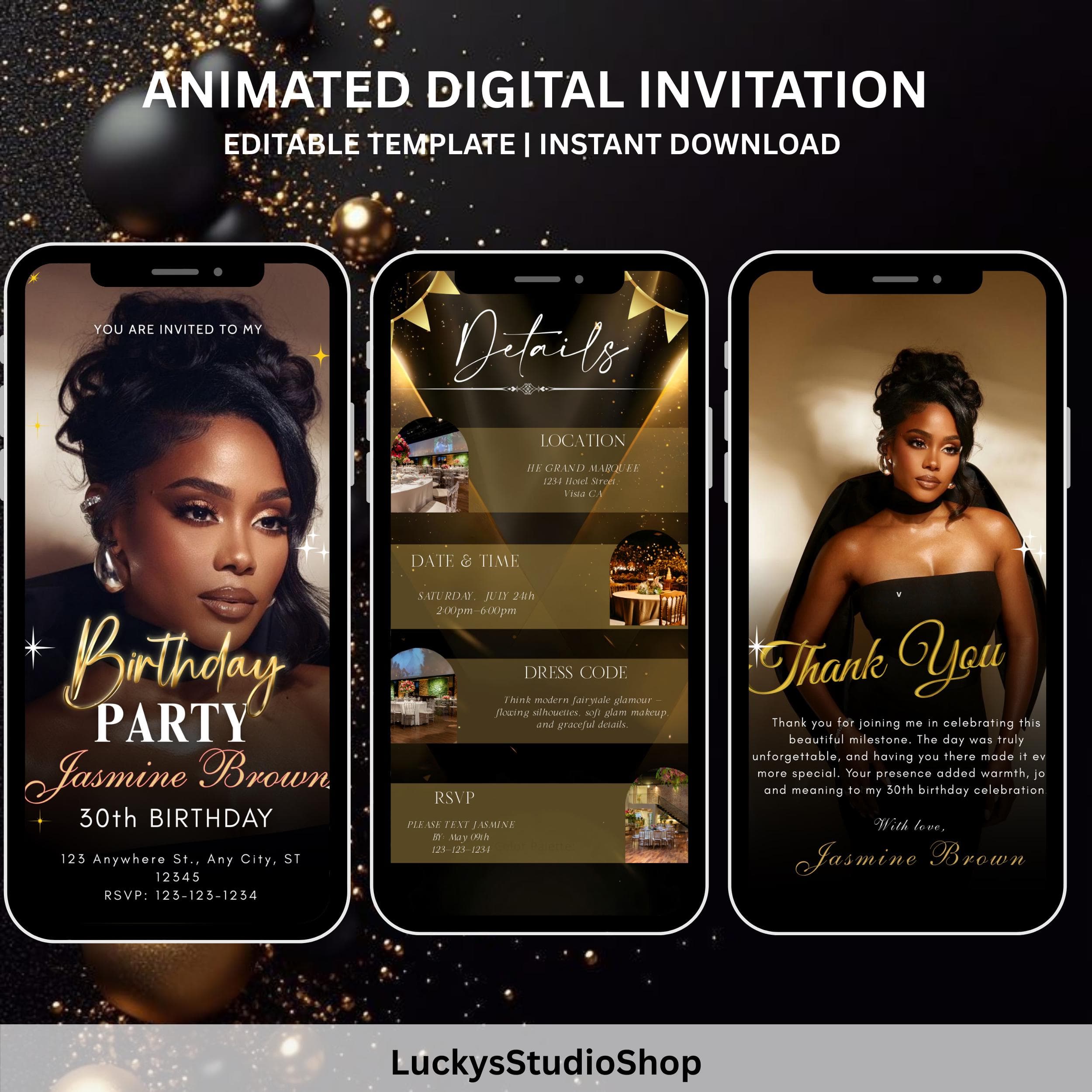 Elegant Black and Gold Birthday Invitation Video, Editable Canva Template - image 4