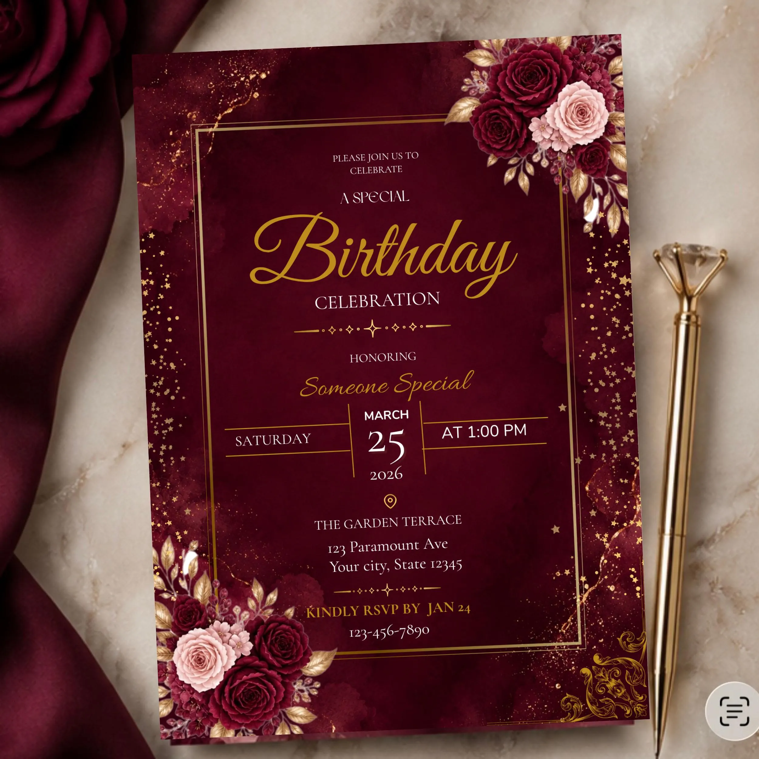 Burgundy and Gold Floral Birthday Invitation : Editable Invitation (Digital Download, Canva Template) - image 3