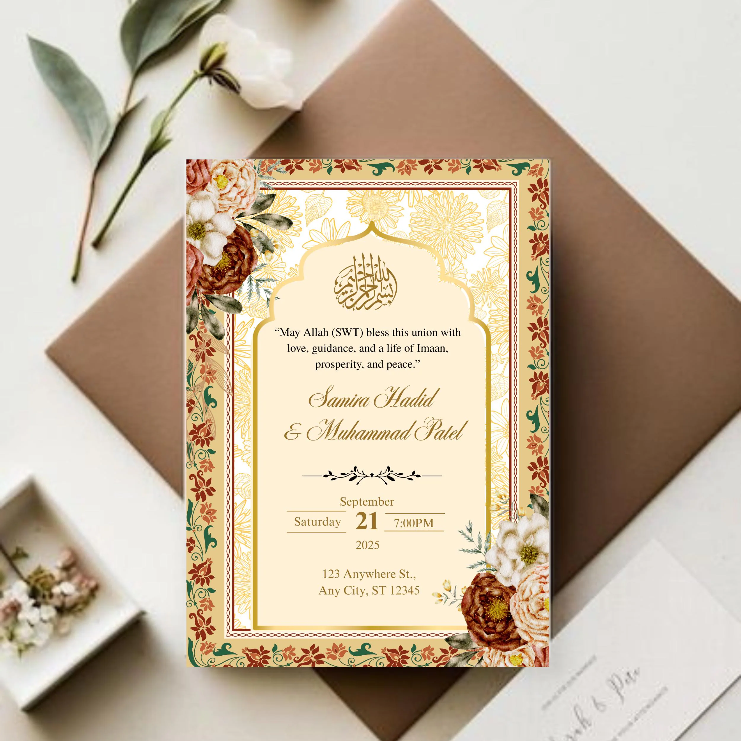 Floral Gold Muslim Wedding Invitation: Editable Nikkah, Walima, Shaadi Invite (Digital Download) - image 5