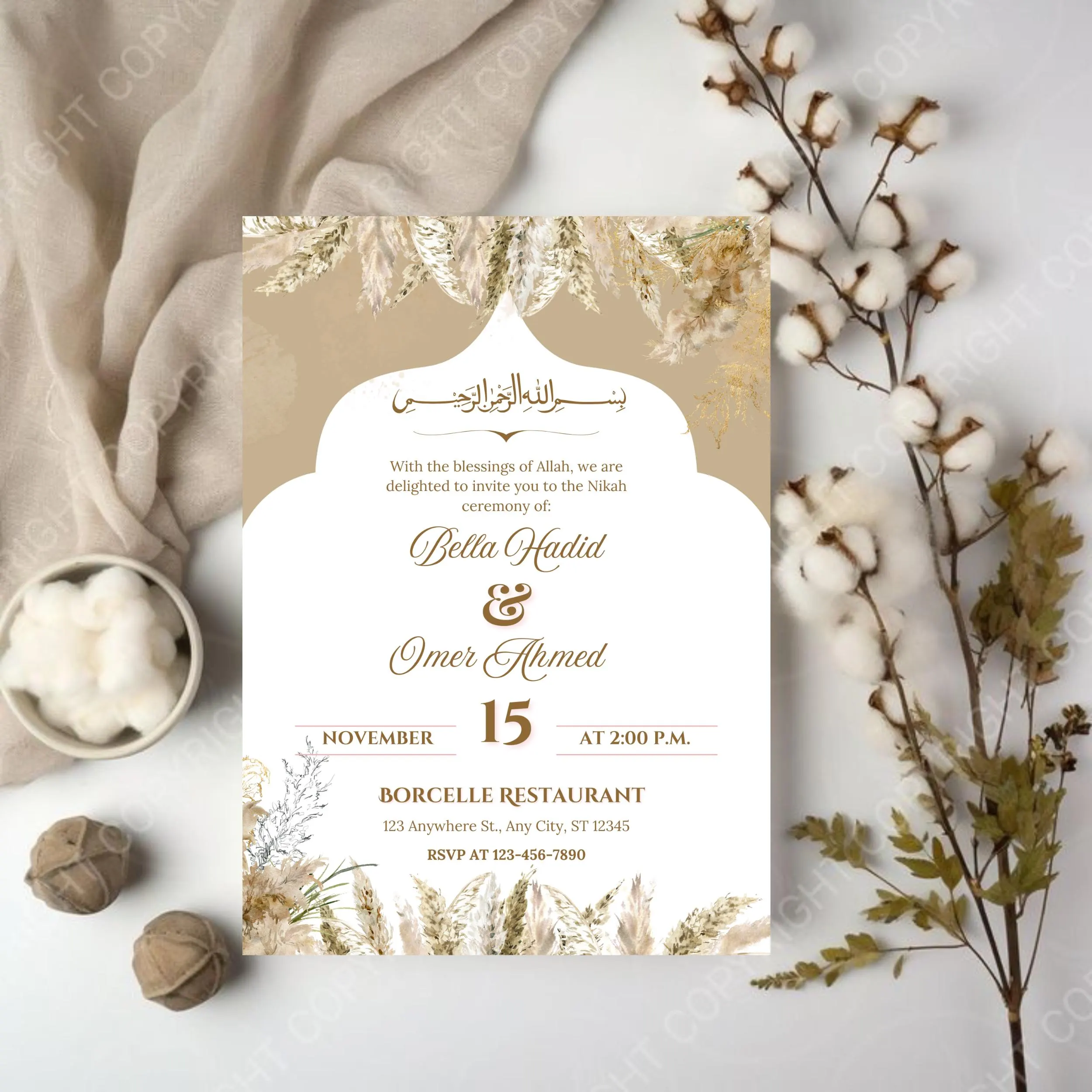 Elegant Beige Nikkah Invitation Template: Islamic Wedding Card (Digital Download, 5x7 inches)
