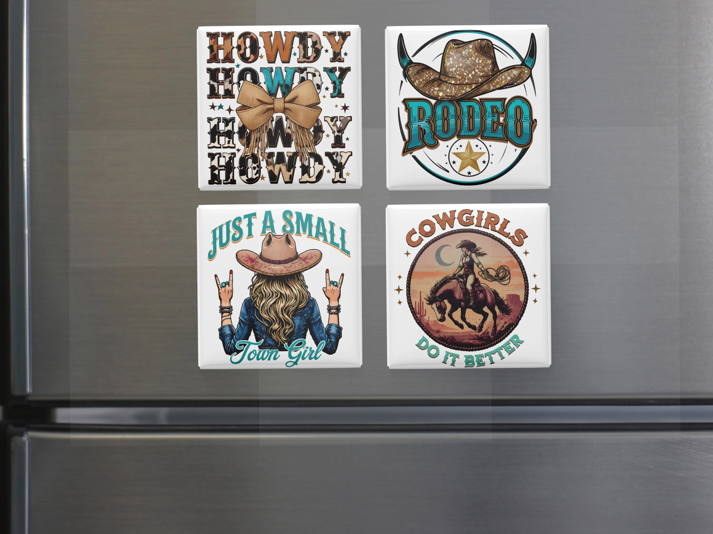 Western Cowgirl Fridge Magnet Set: Rodeo, Howdy, Small Town (Set of 4)