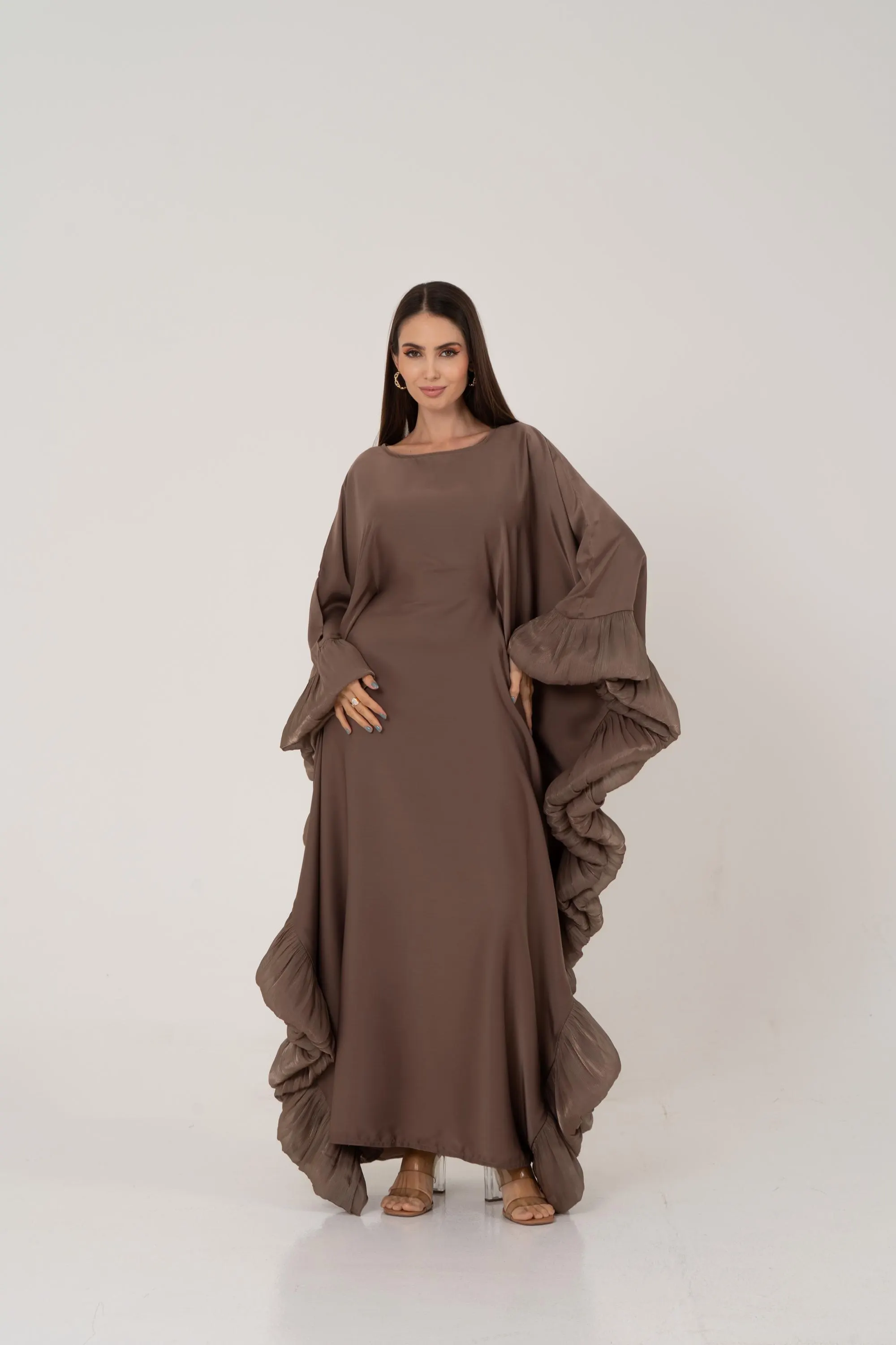 Taupe Butterfly Abaya Kaftan with Hijab
