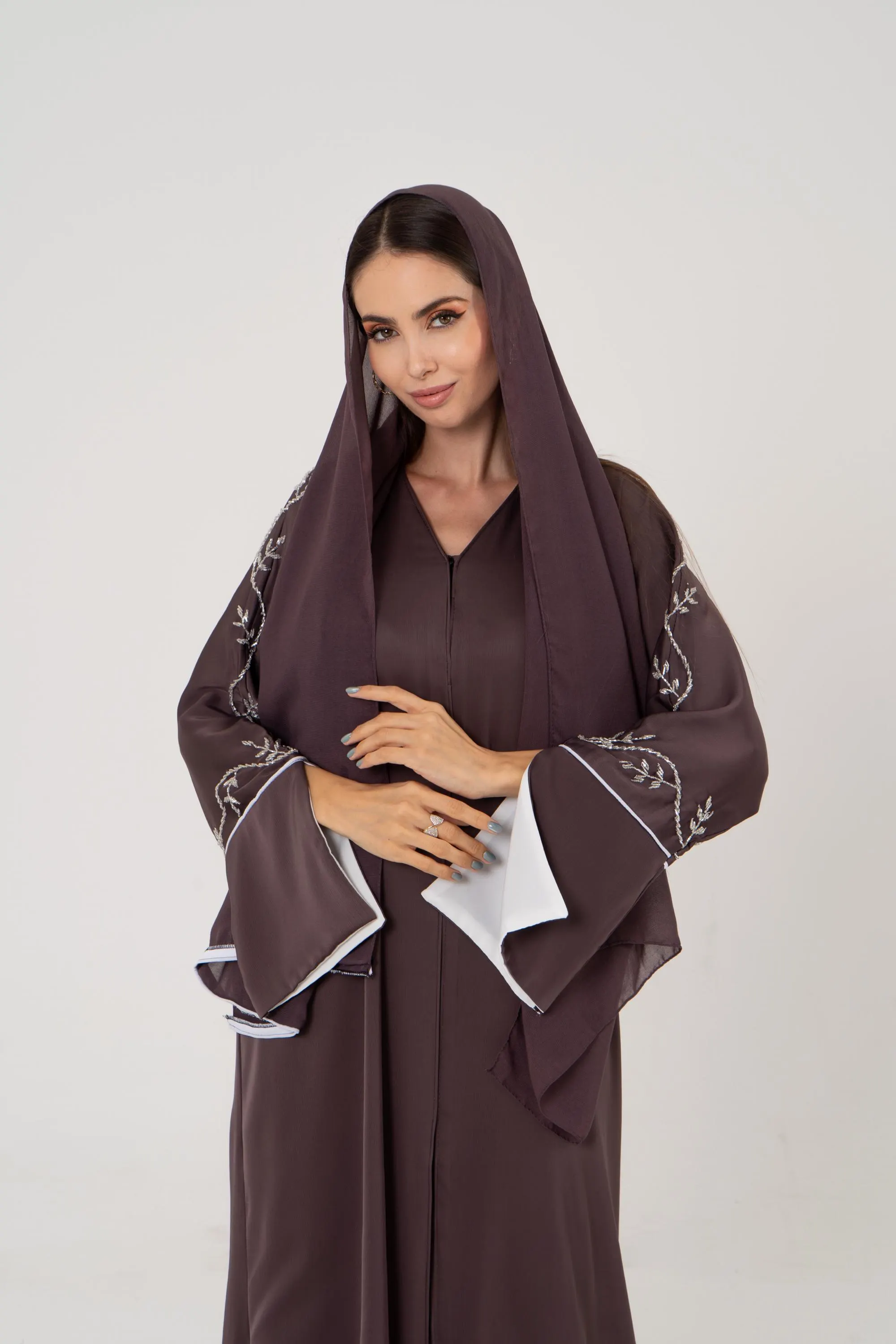 Embellished Brown Abaya with Hijab & Belt - Dubai Made