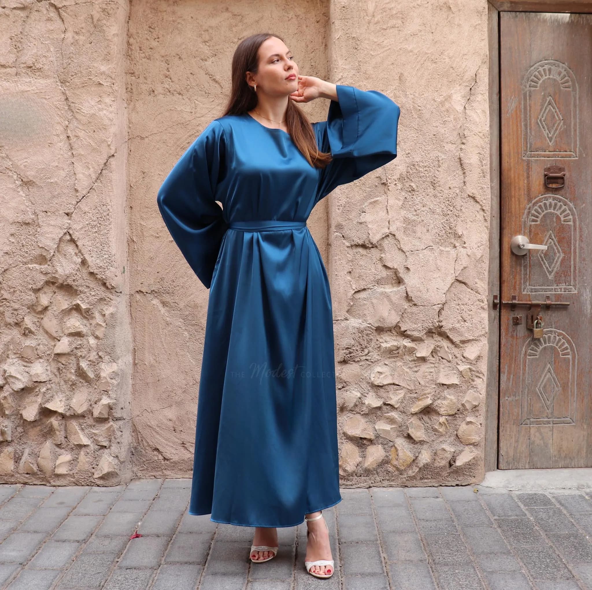 Cobalt Blue Satin Maxi Dress: Long Sleeve Abaya with Belt