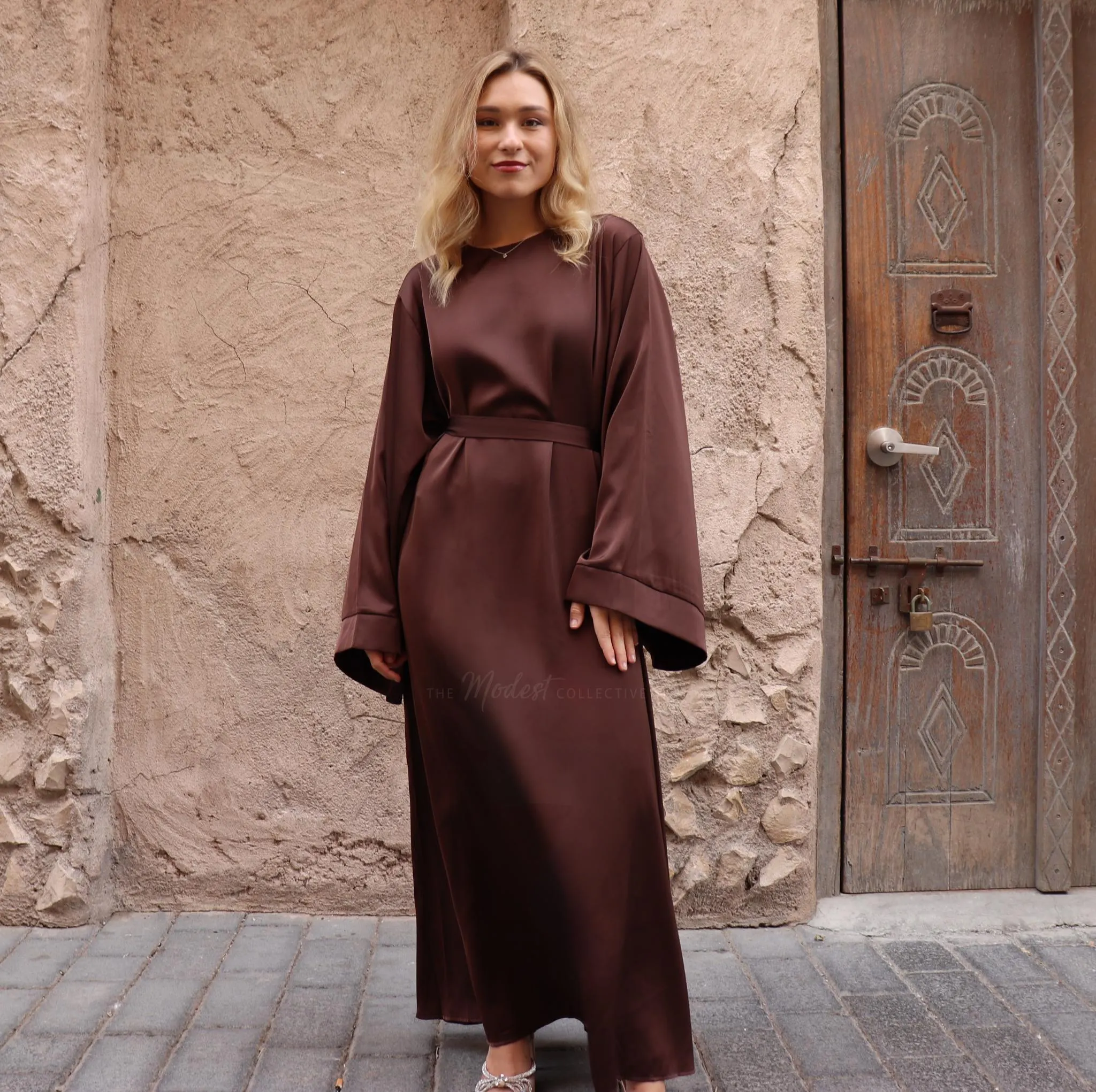 Chocolate Brown Satin Maxi Dress: Long Sleeve Modest Abaya