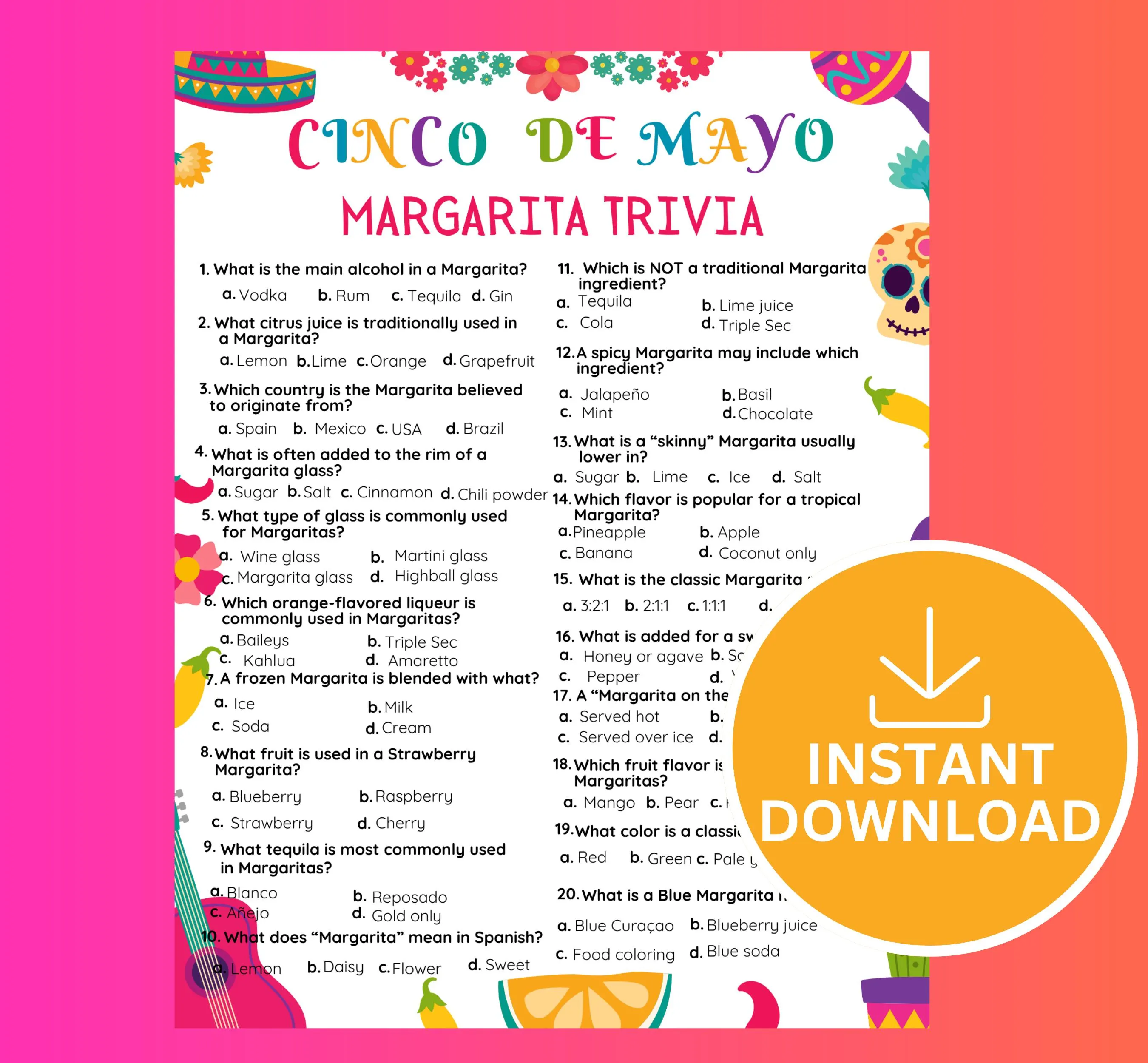Cinco de Mayo Margarita Trivia Game Printable | Fiesta Party Quiz | Mexican Drink Trivia | Classroom & Party Activity