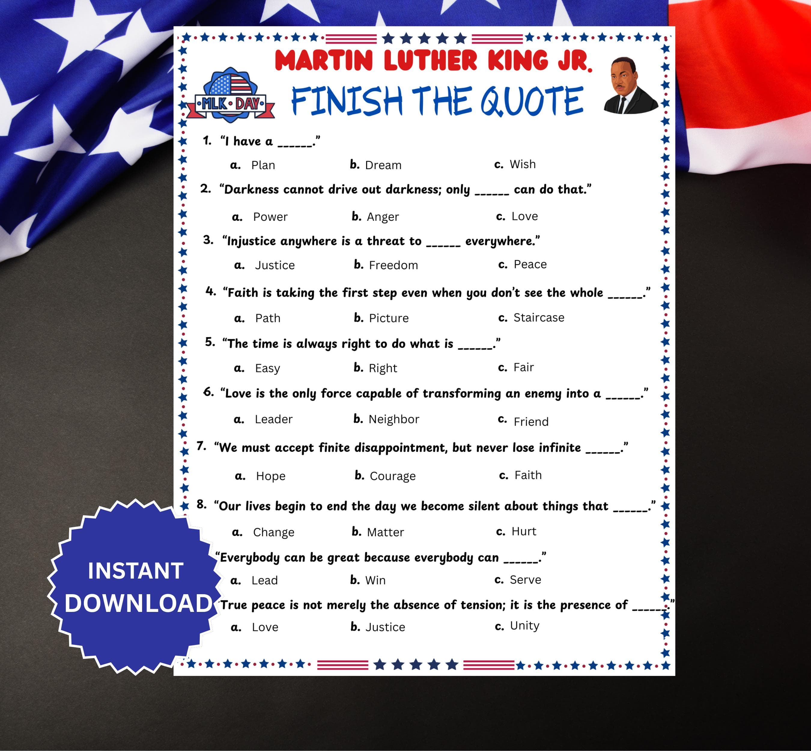Martin Luther King Jr. Finish the Quote | MLK Day Activity | Black History Month Worksheet l Juneteenth