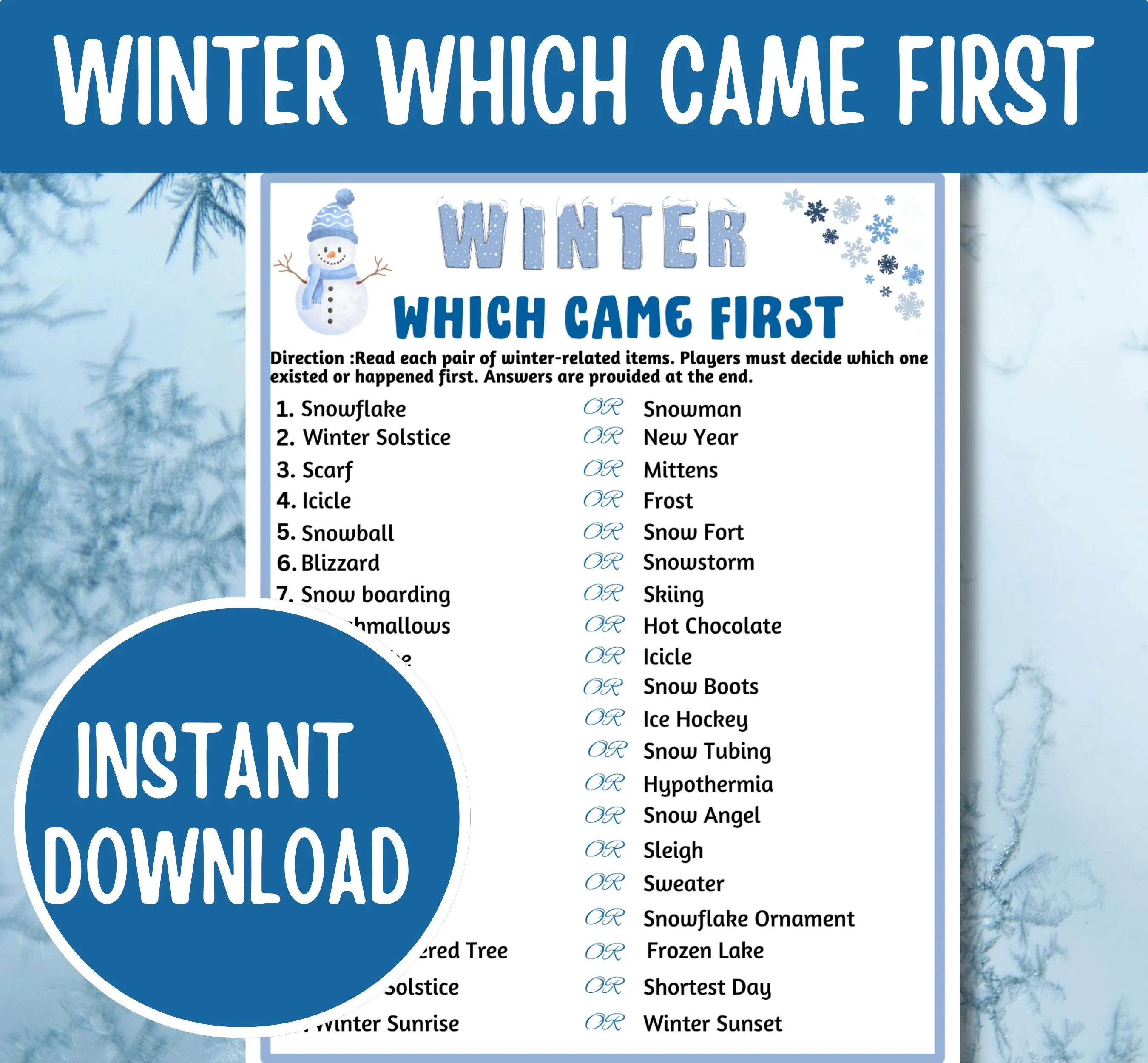 Winter Which Came First Game, Printable Winter Trivia, Holiday Party Game, Christmas Family Game, Winter Activity, Group Icebreaker