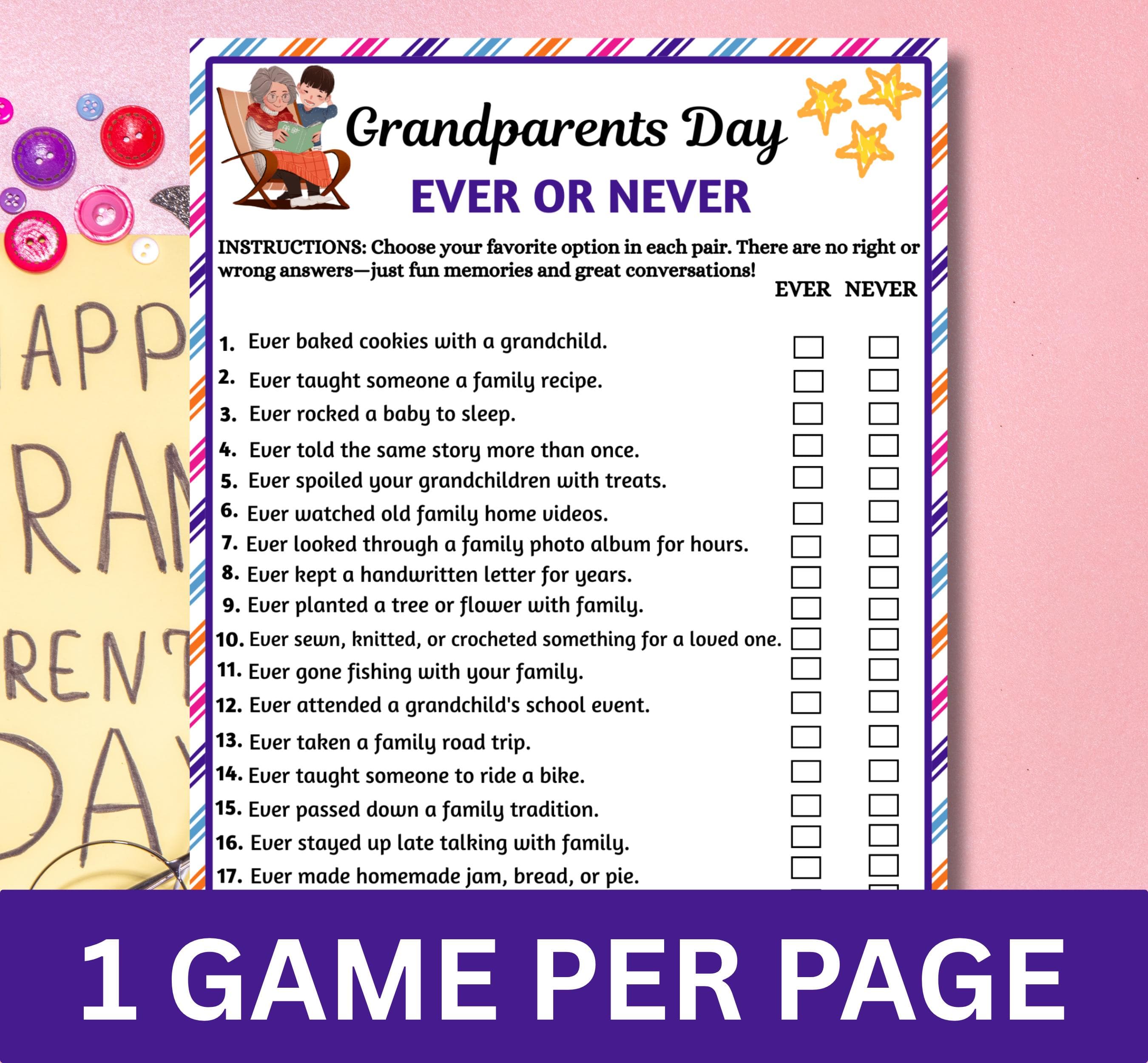 Grandparents Day Ever or Never Game Printable | Family Party Icebreaker | Grandparent Activity | Instant Download PDF - image 2