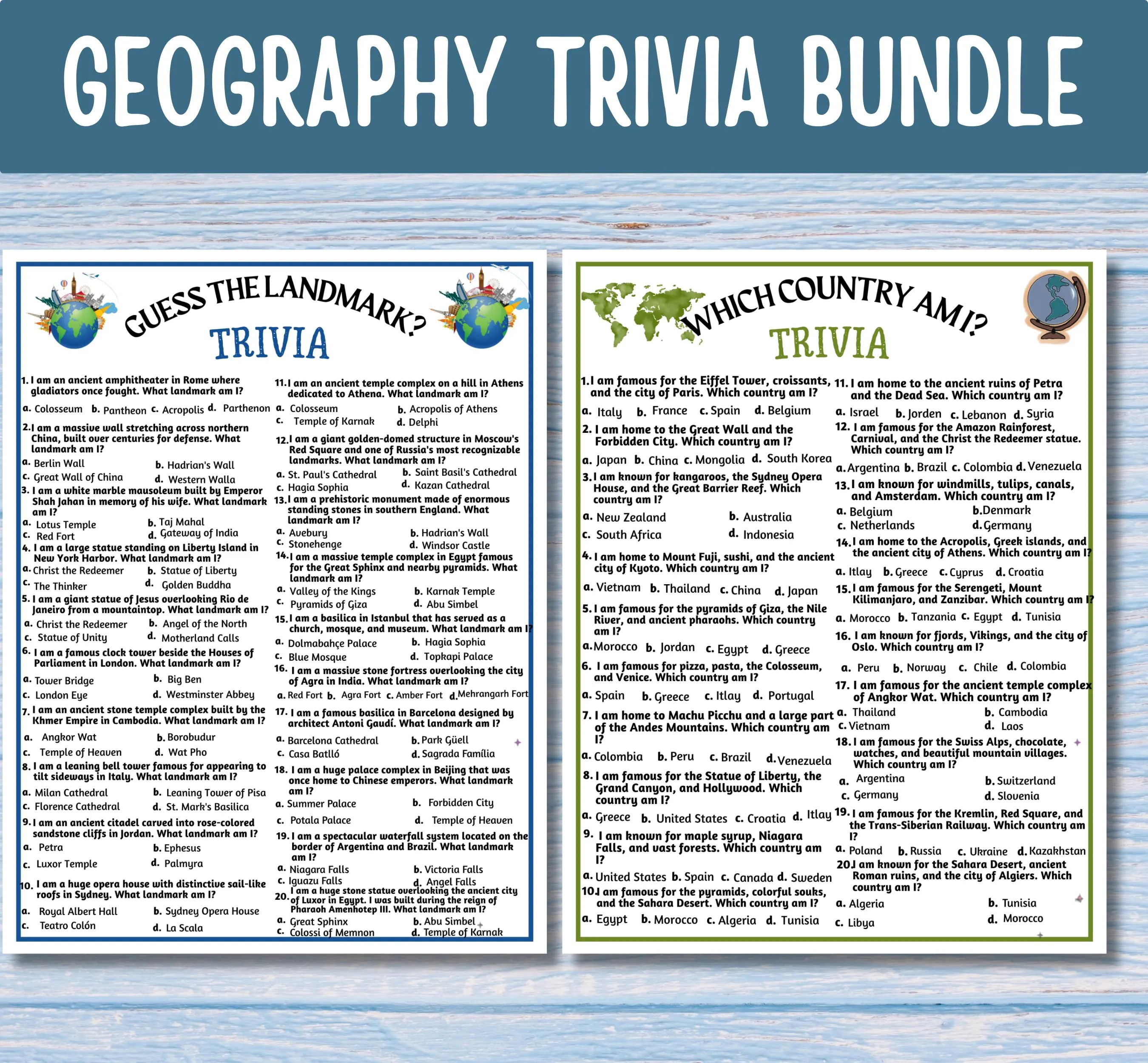 Geography Trivia Bundle 100 Questions | World Geography Quiz Printable | Geography Game | Travel Trivia | Classroom Activity - image 4